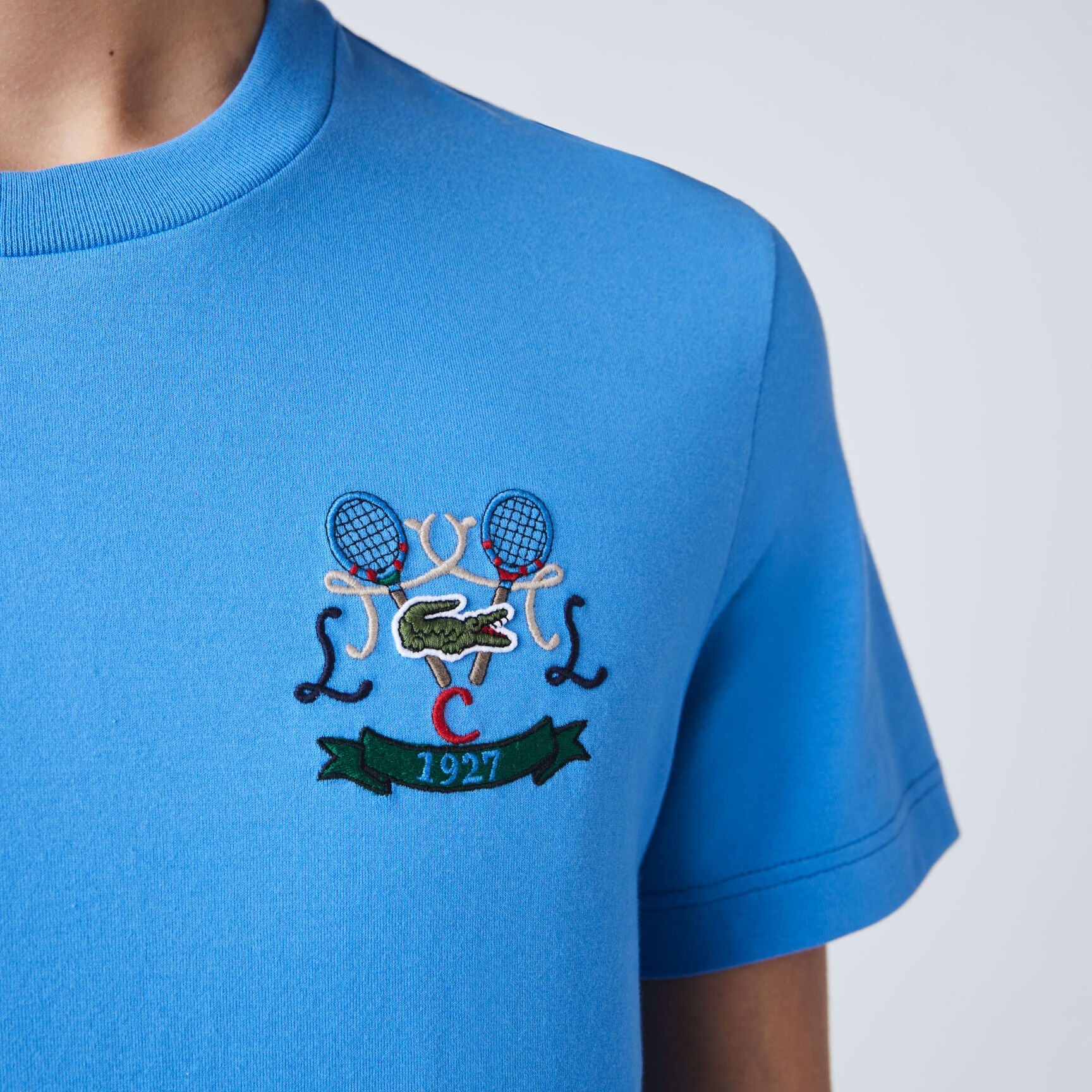 تيشيرت قطن بفتحة رقبة مستديرة وتطريز مضارب تنس للرجال تيشيرت قطن بفتحة رقبة مستديرة وتطريز مضارب تنس للرجال