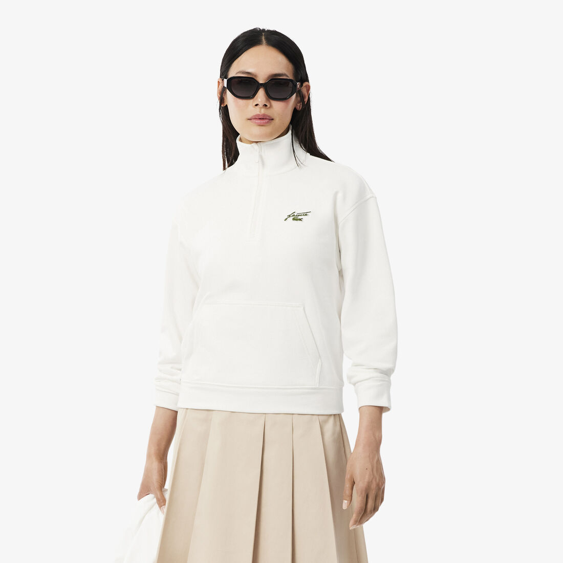 lacoste high neck zipped fleece badge sweatshirt