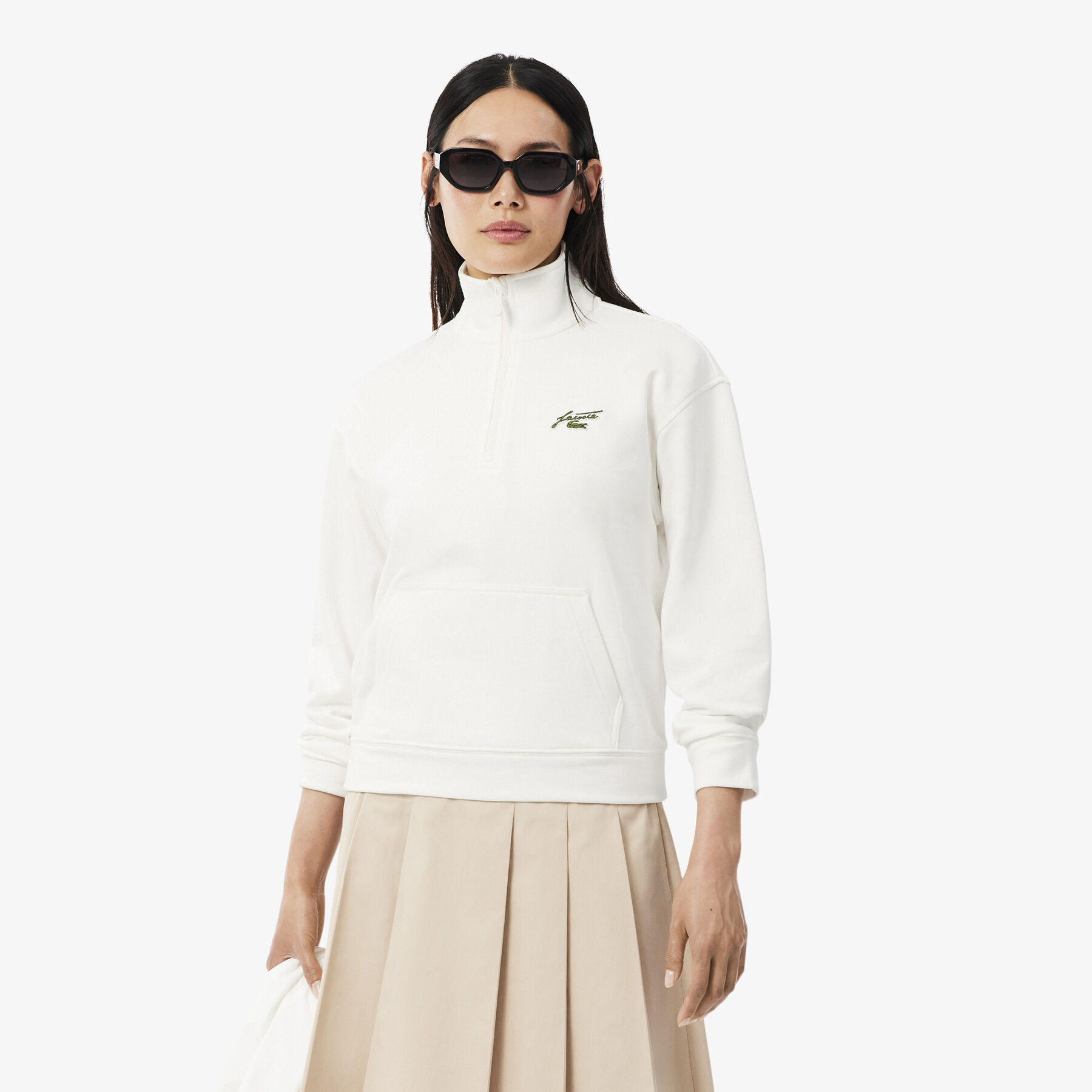 lacoste high neck zipped fleece badge sweatshirt