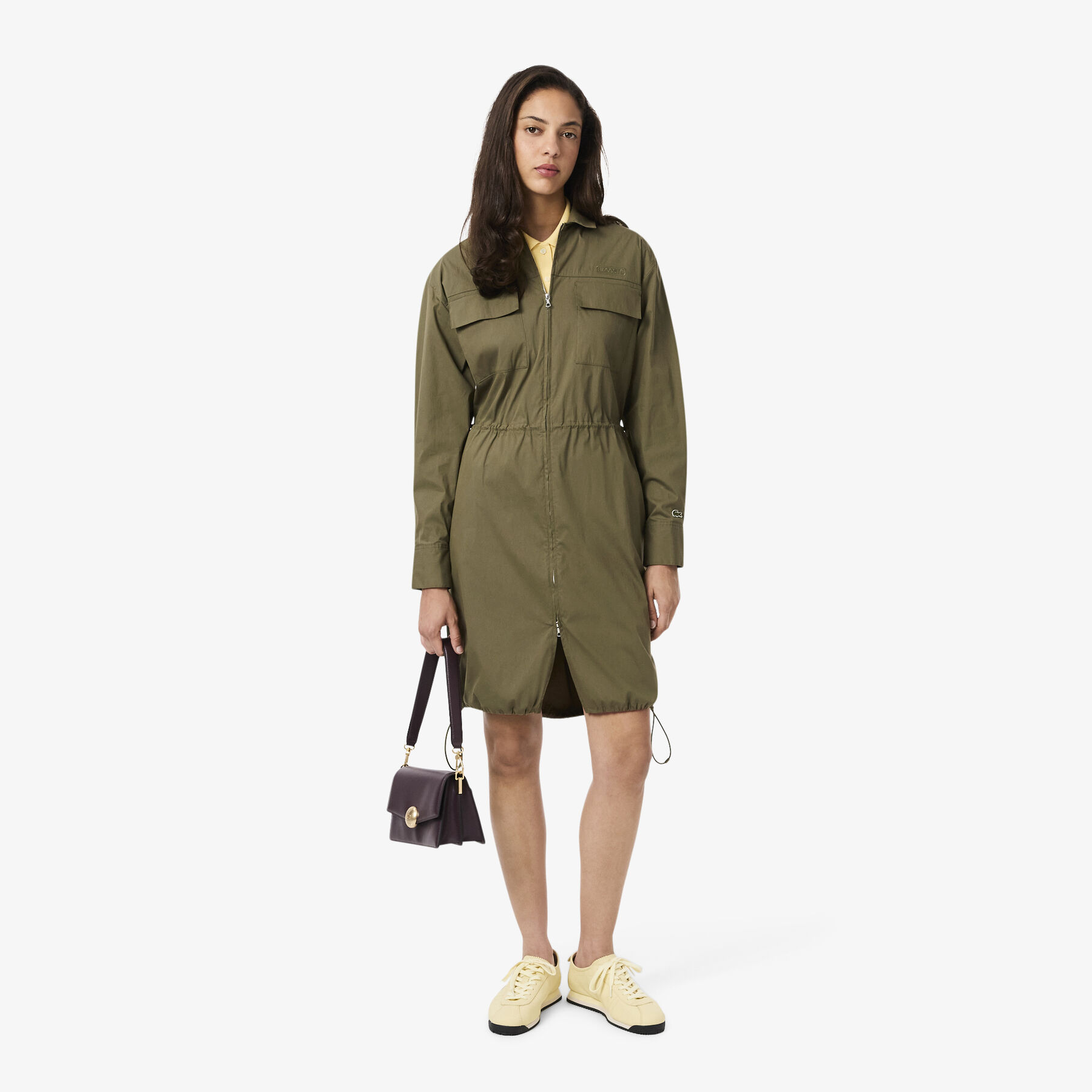 lacoste oversized cotton zip front shirt dress