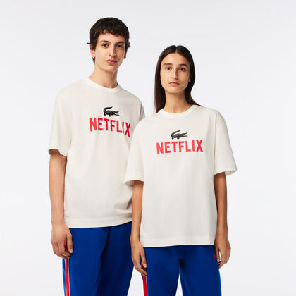 تيشيرت قطن عضوي بقصة فضفاضة للجنسين مجموعة Lacoste X Netflix