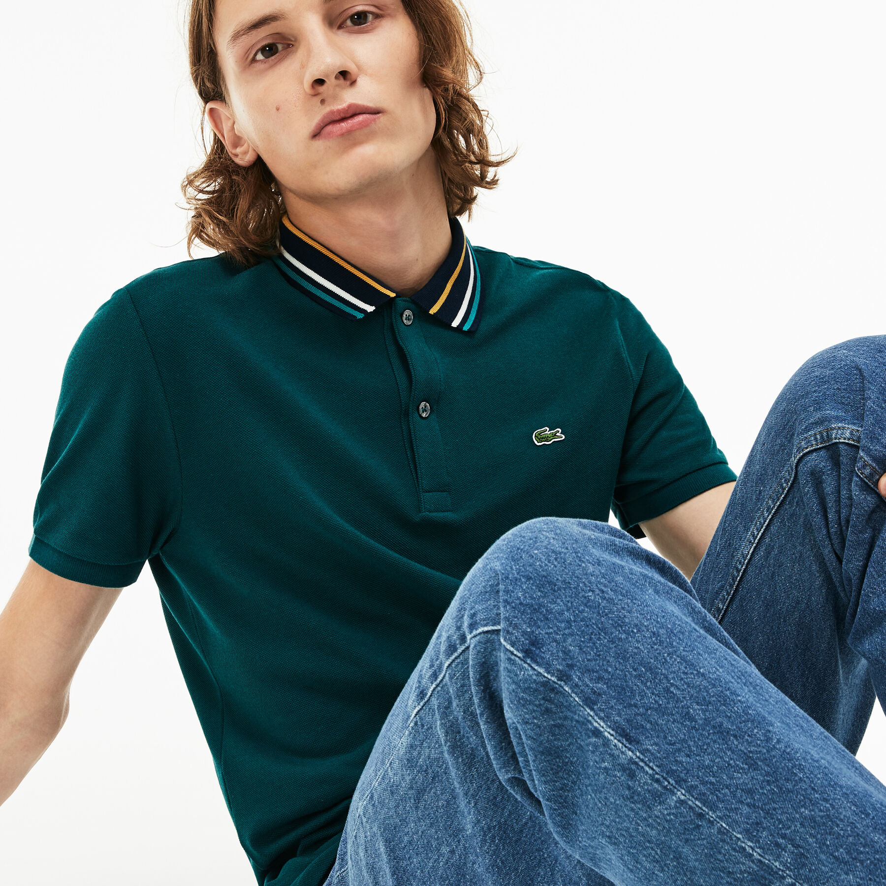 men s lacoste slim fit striped contrast collar petit piqu  polo shirt