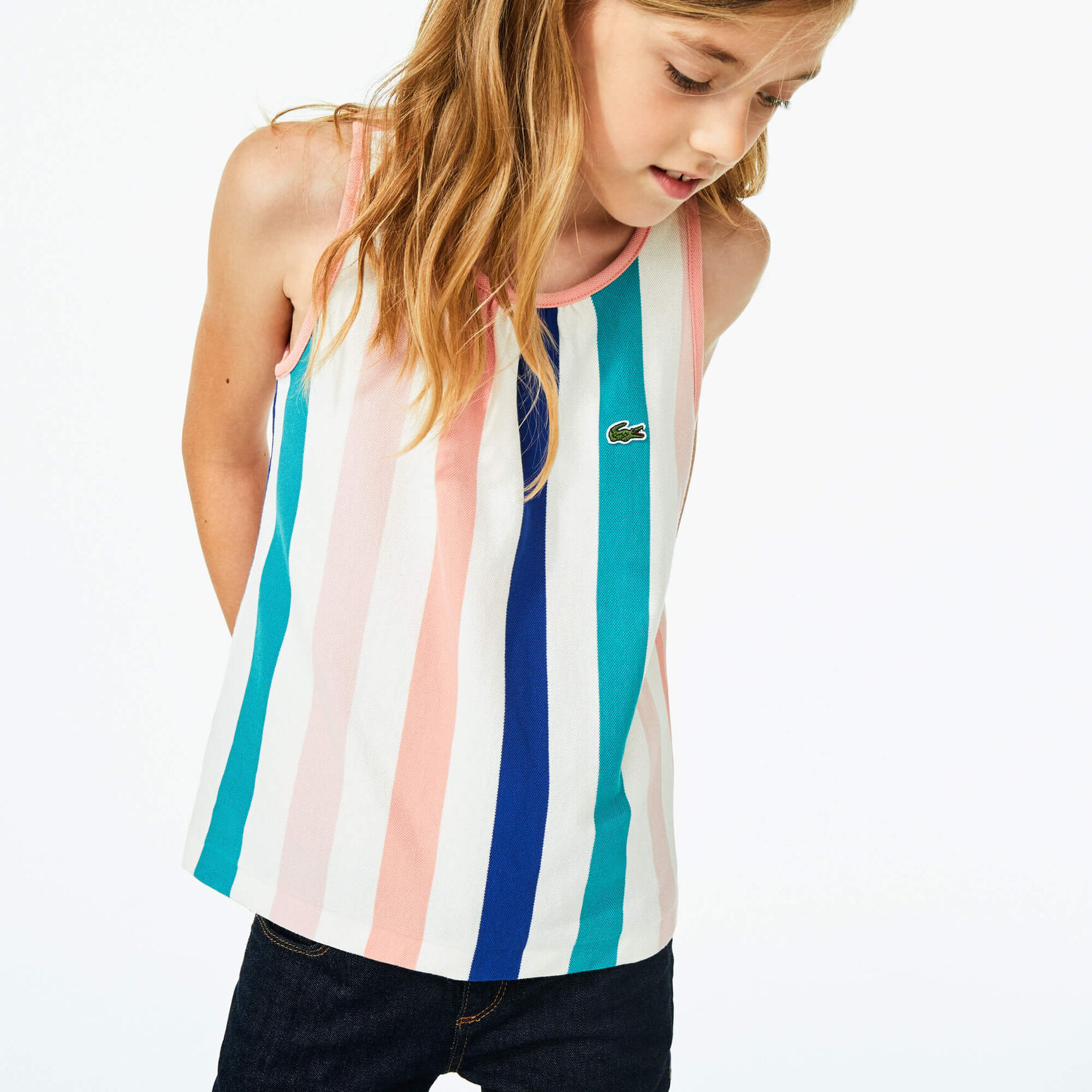 قطعة علوية فضفاضة مخططة من قطن بيكيه للفتيات قطعة علوية فضفاضة مخططة من قطن بيكيه للفتيات