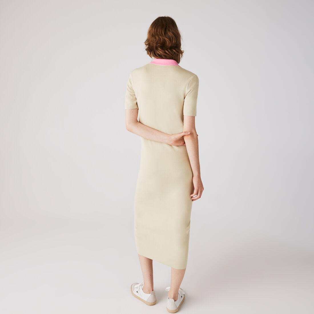 فستان طويل بشكل قميص من القطن المحبوك ثنائي اللون بياقة بولو للنساء فستان طويل بشكل قميص من القطن المحبوك ثنائي اللون بياقة بولو للنساء