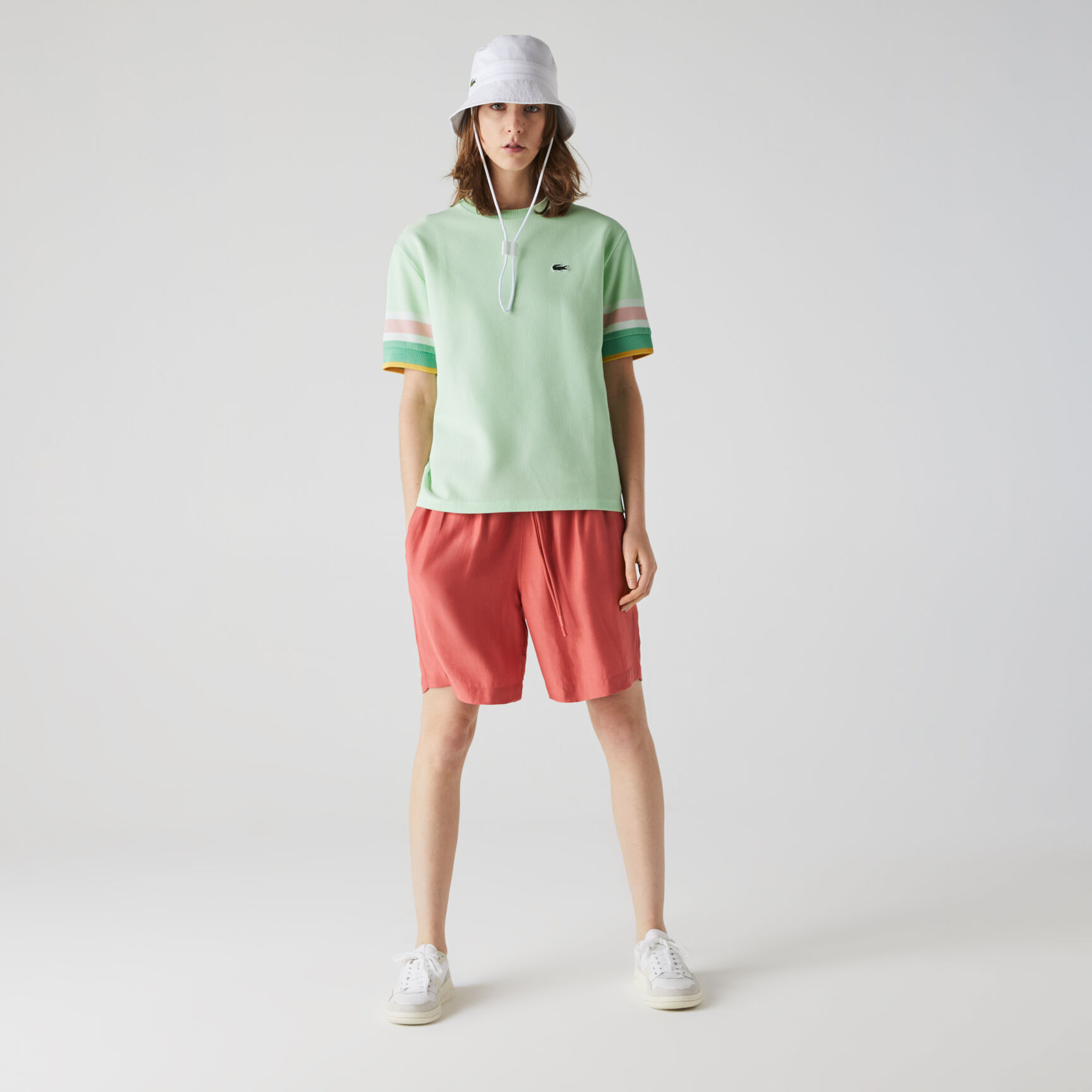 Women’s Crew Neck Striped Accents Honeycomb Cotton T-shirt Women’s Crew Neck Striped Accents Honeycomb Cotton T-shirt