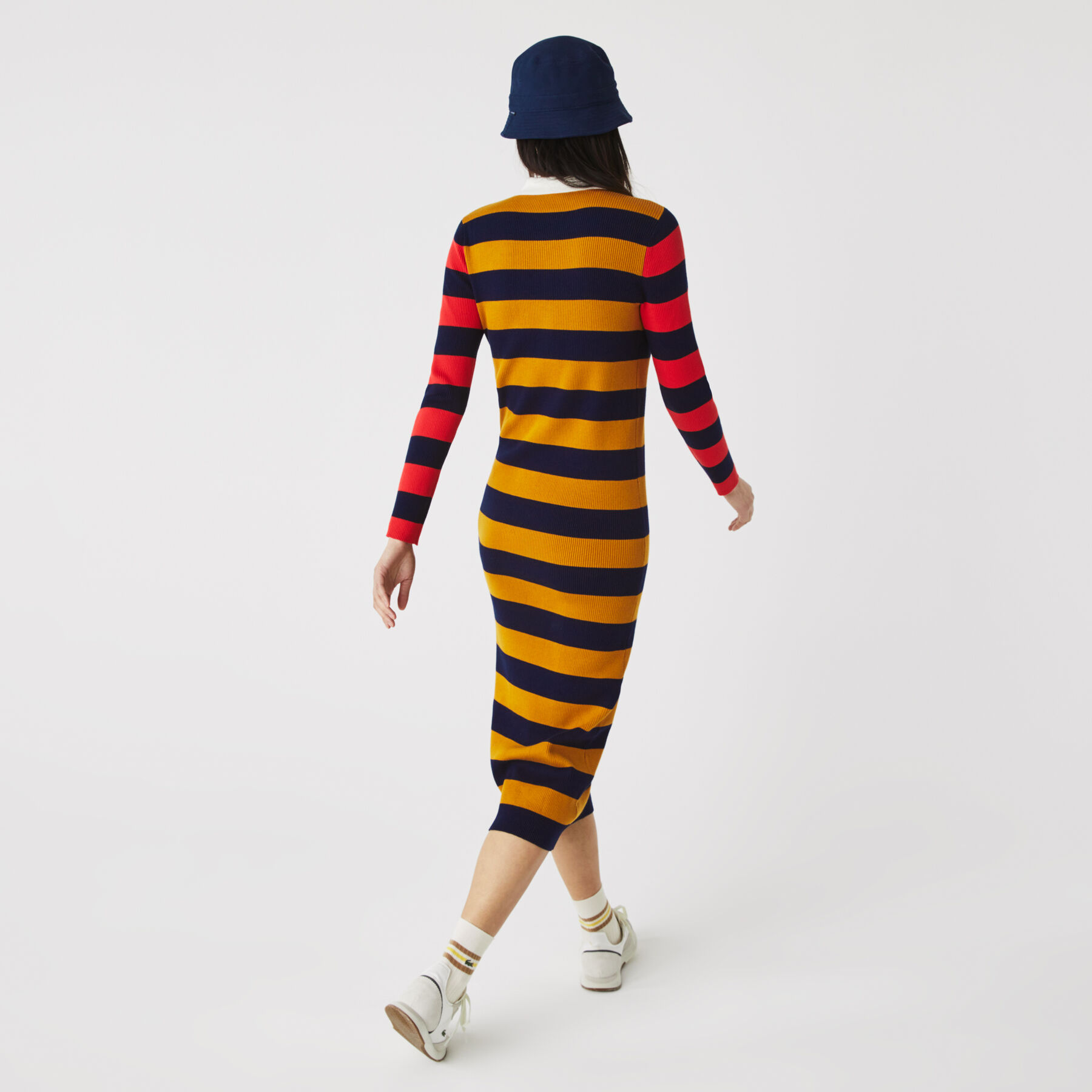 lacoste women s fitted striped ribbed mid length polo dress