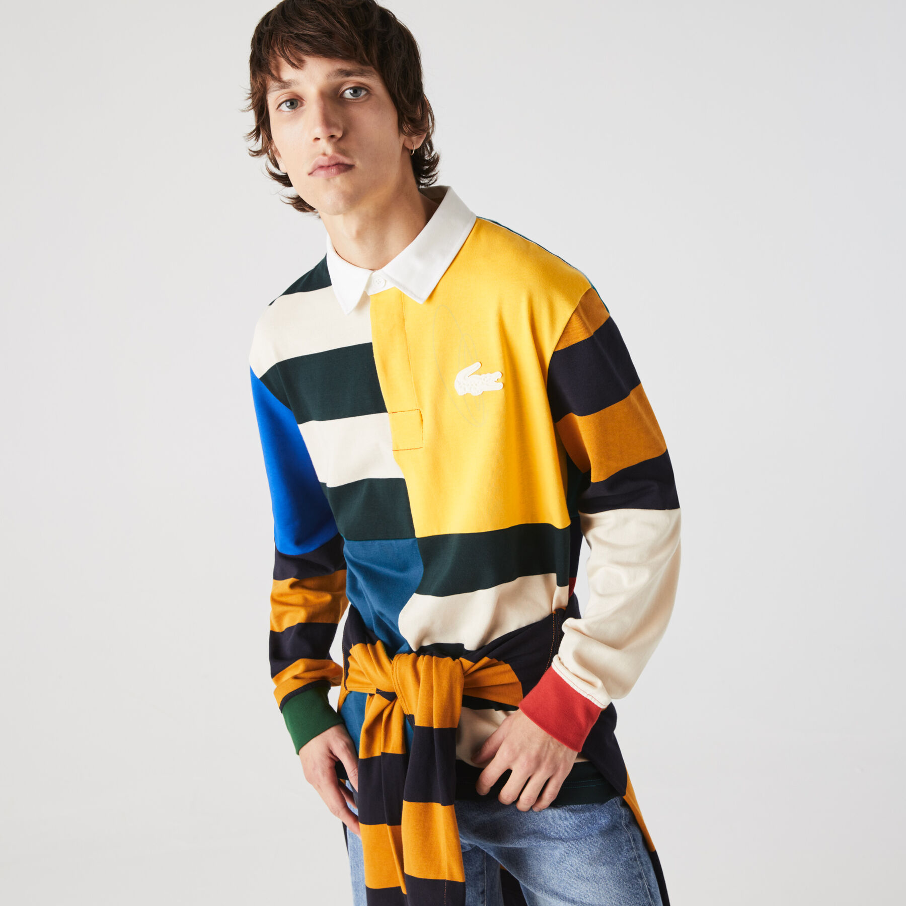 لاكوست قميص بولو قطني للرجال تصميم الرجبي بكتل لونية وقصة فضفاضة مجموعة lacoste live