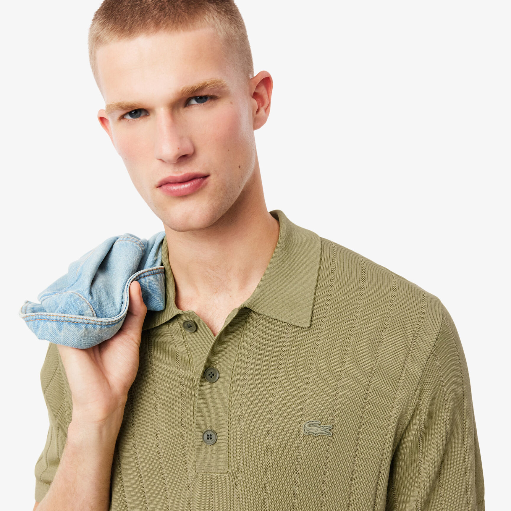 Fluid Ribbed Knit Polo Collar Sweater