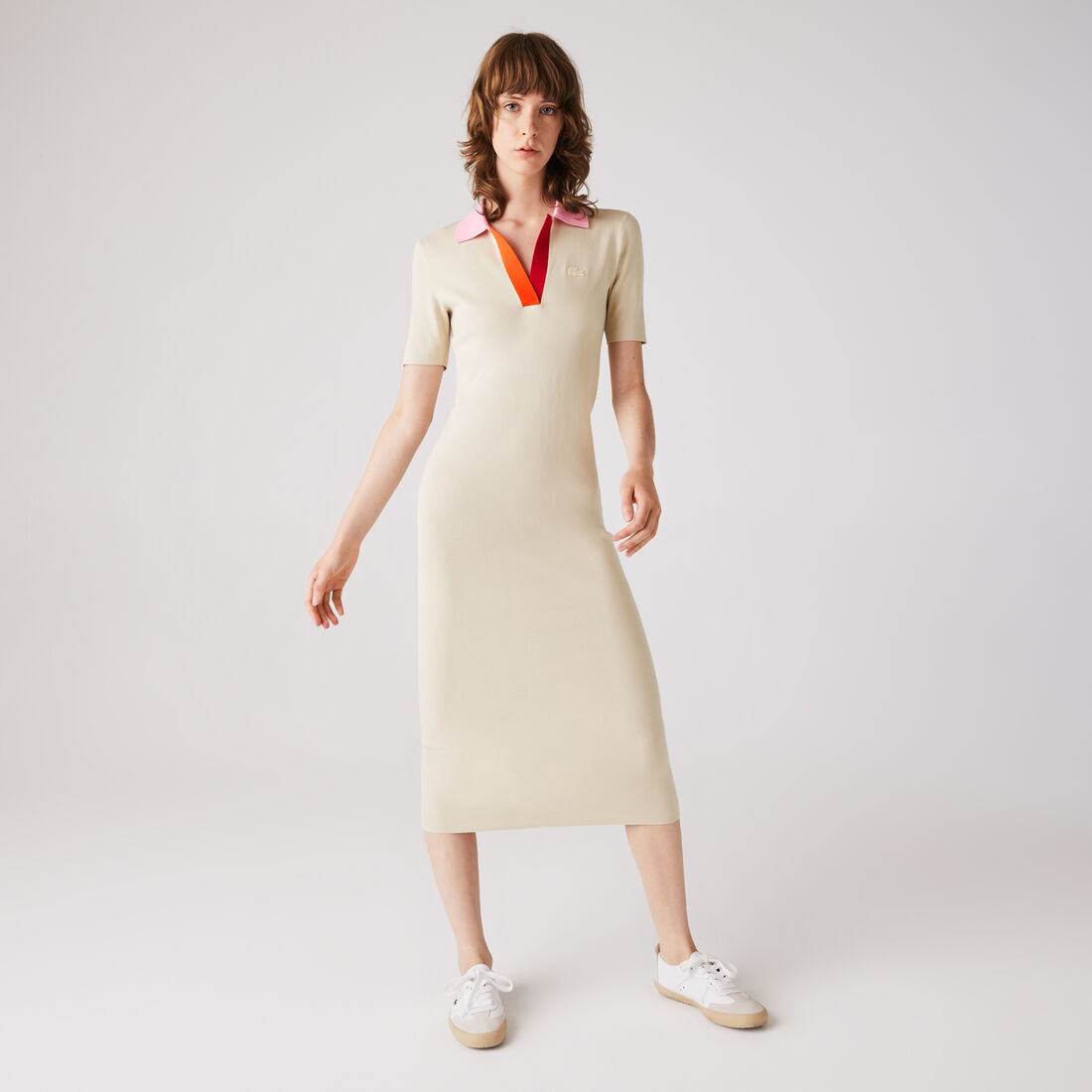 Women's Polo Collar Two-Tone Cotton Knit Long Sweater Dress
