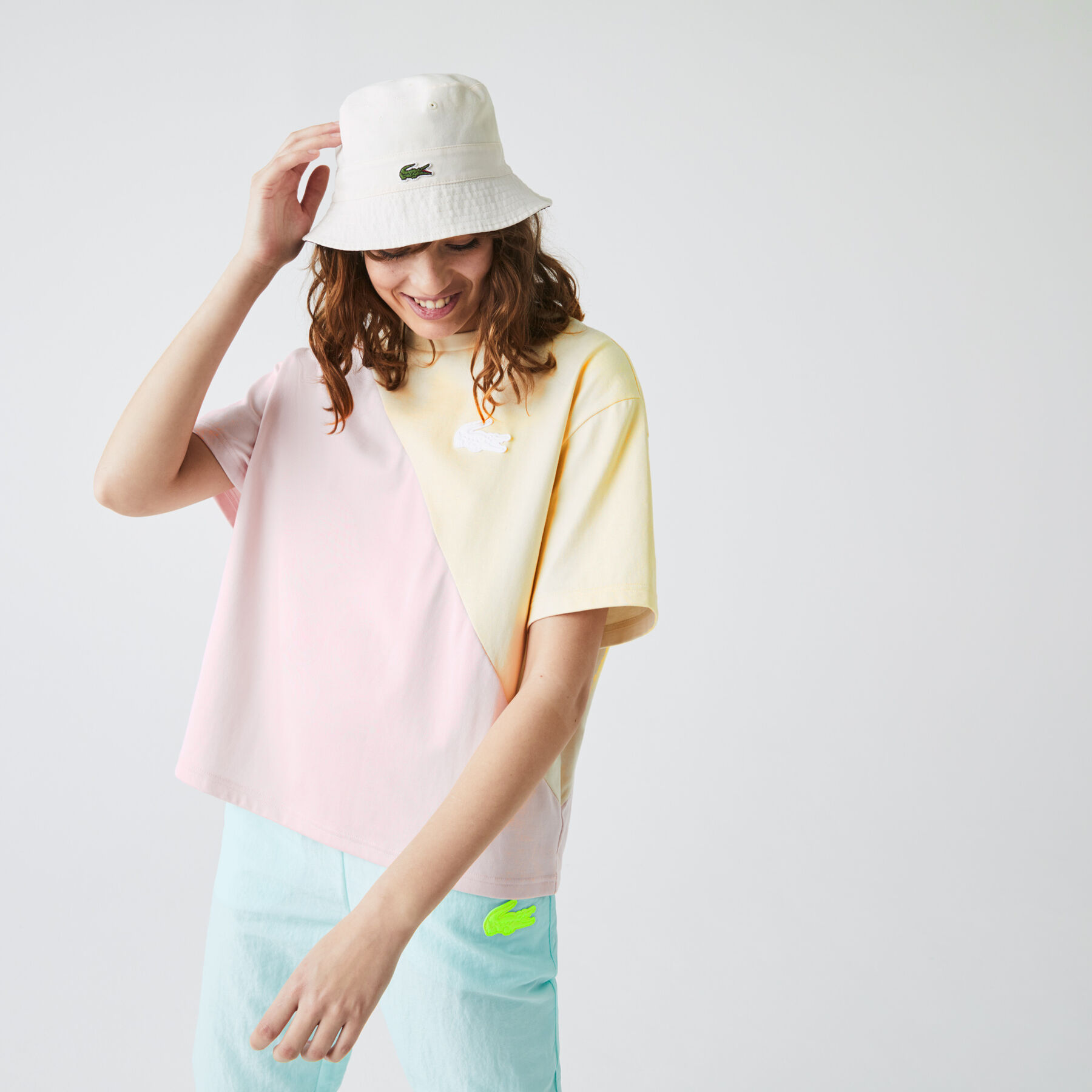 لاكوست تي شيرت قطن للنساء ثنائي اللون قصة فضفاضة مجموعة lacoste live
