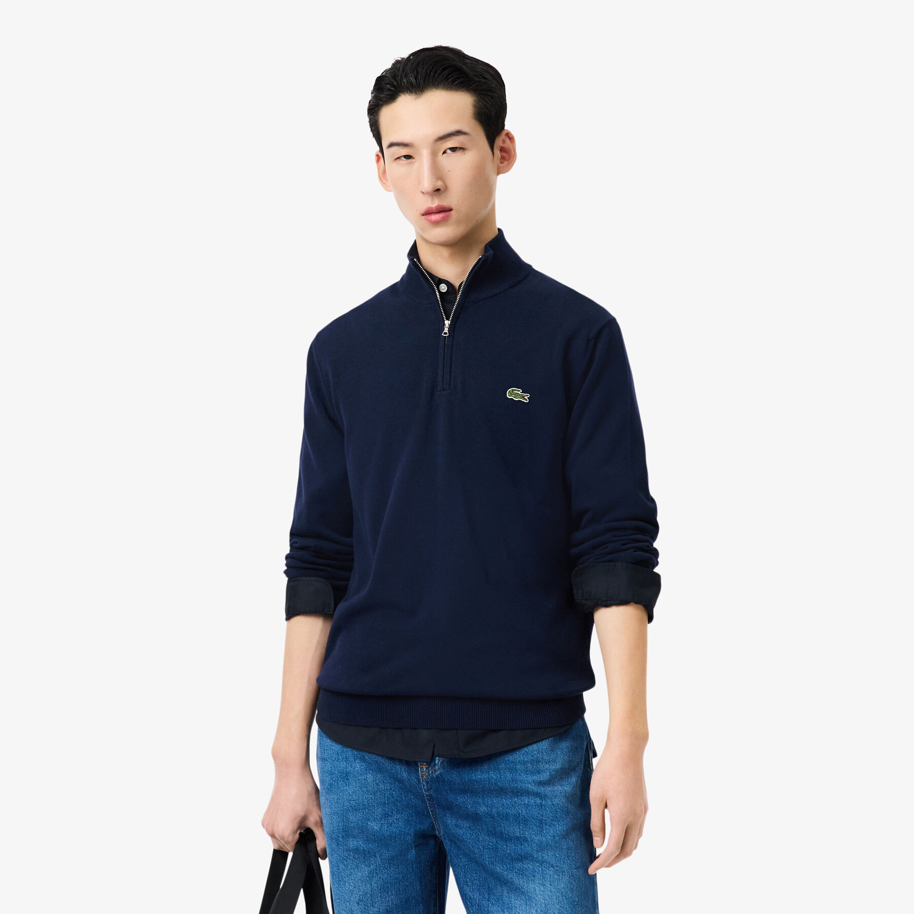 Zipped High Neck Cotton Sweater