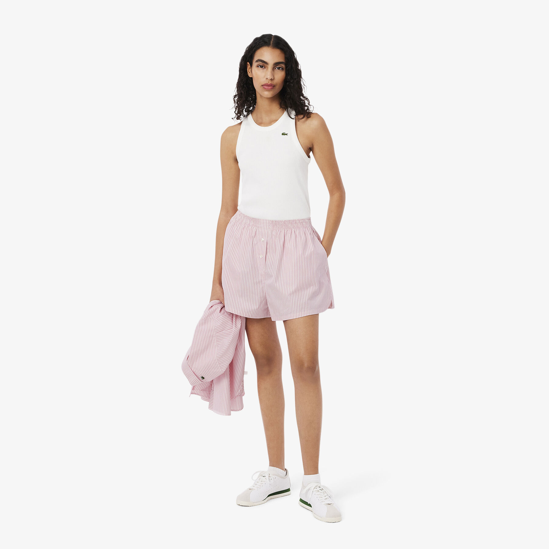 lacoste wide fit lightweight striped poplin shorts