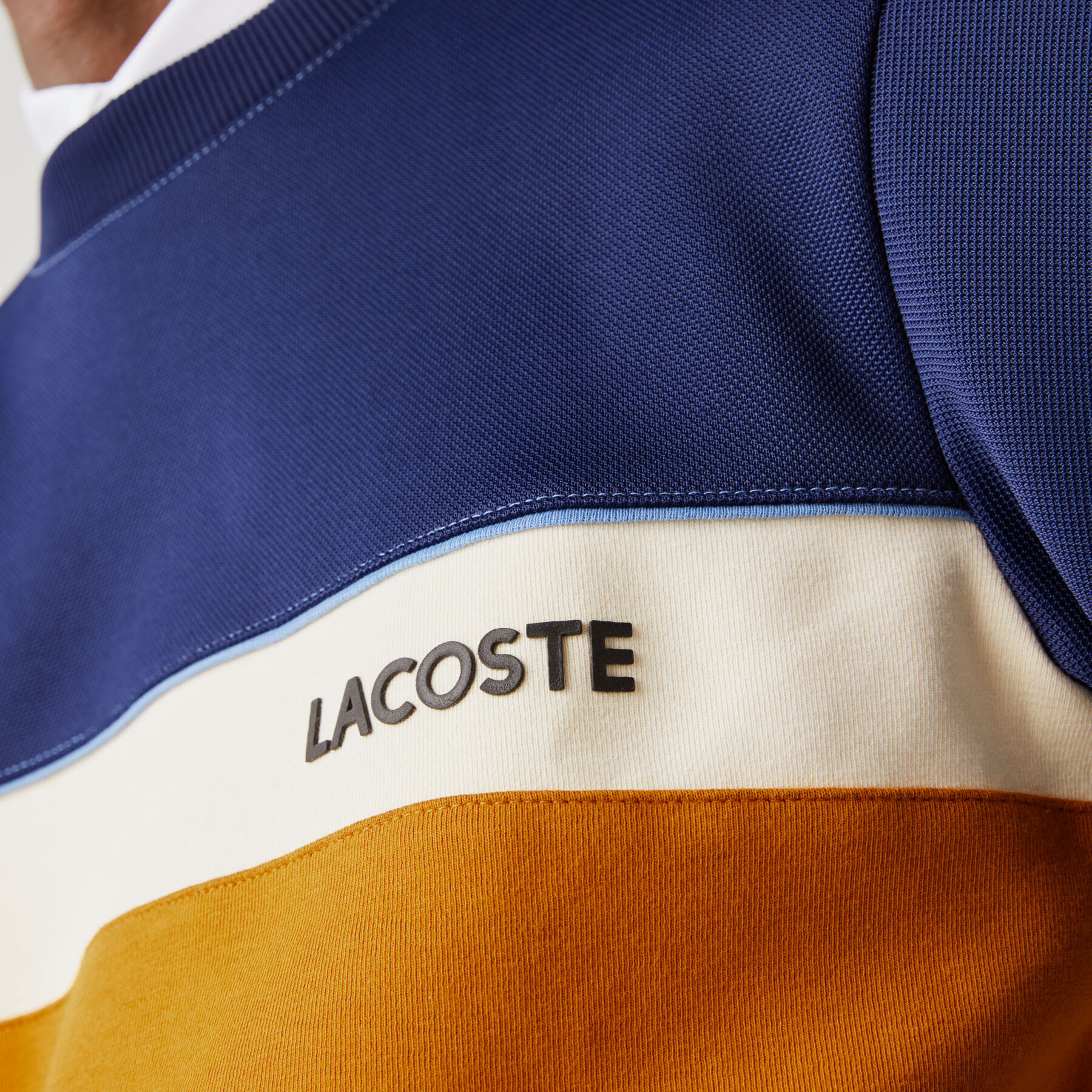 lacoste men s crew neck lettering colourblock piqu  sweatshirt