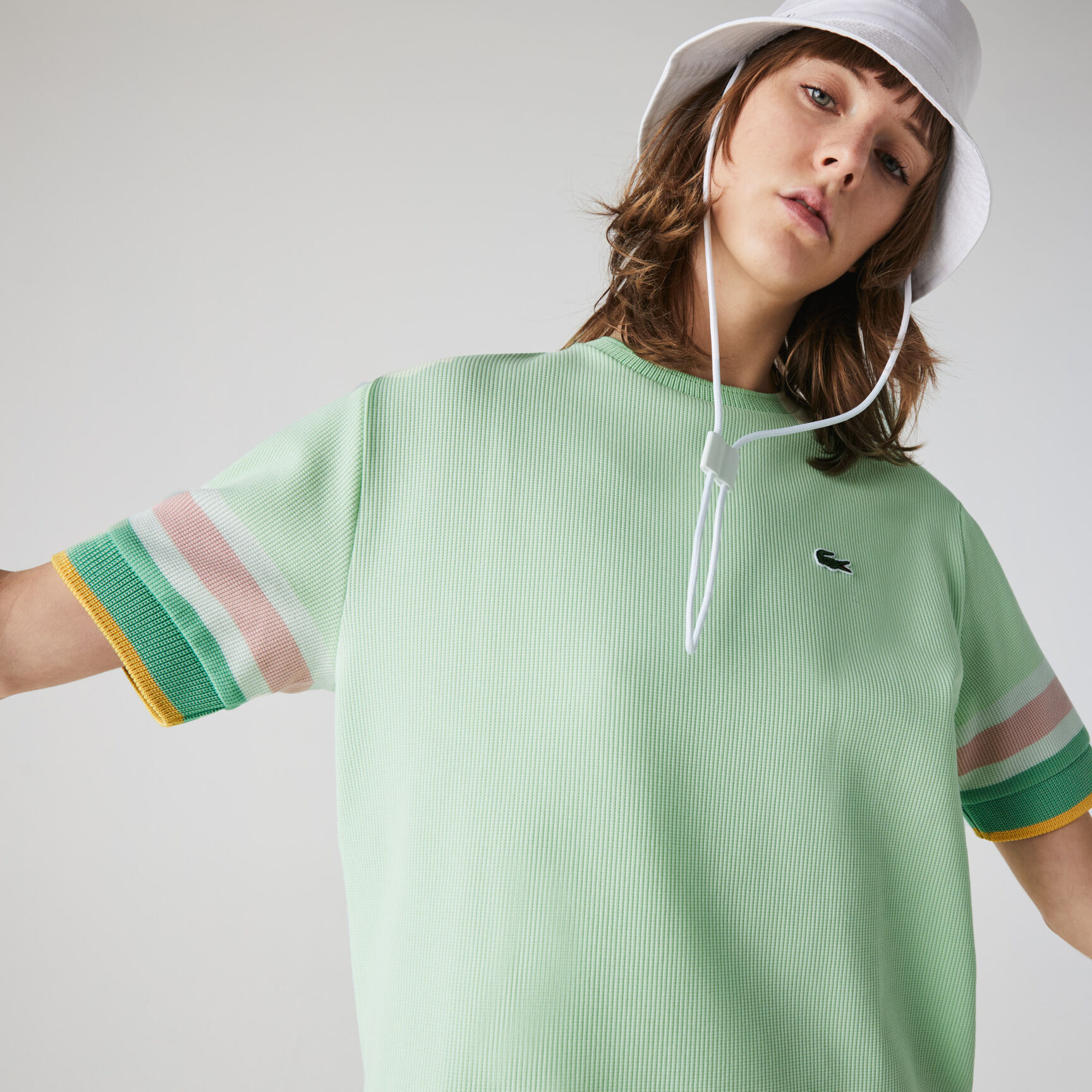 Women’s Crew Neck Striped Accents Honeycomb Cotton T-shirt Women’s Crew Neck Striped Accents Honeycomb Cotton T-shirt