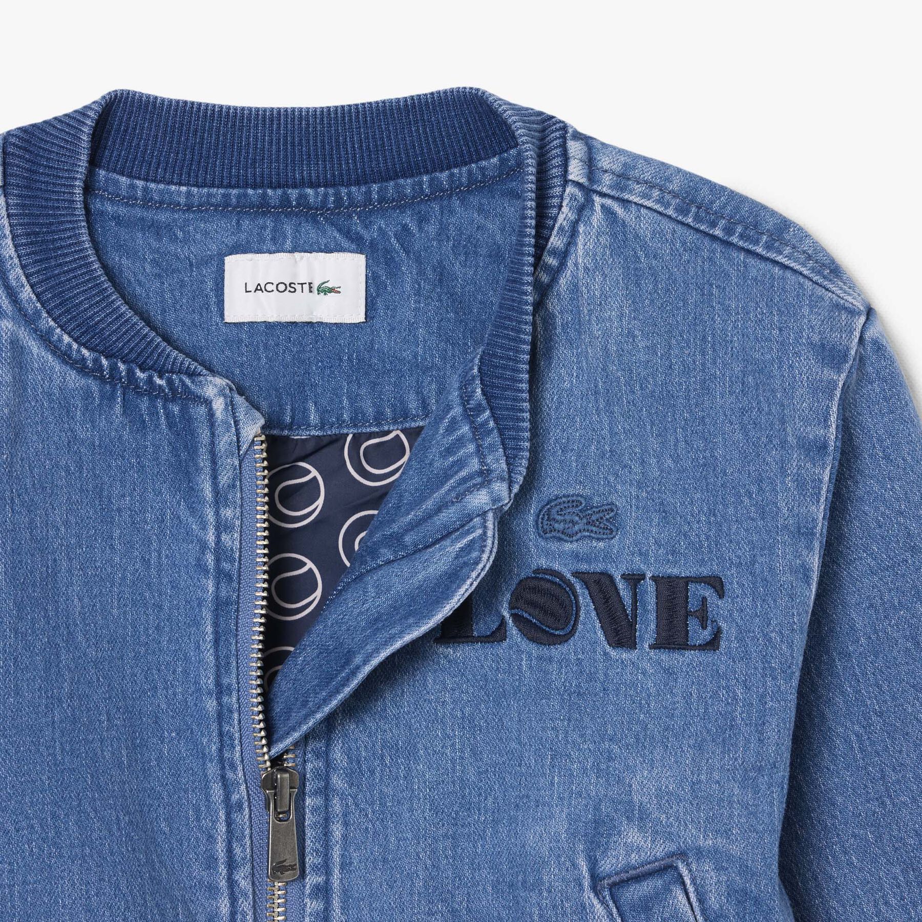 lacoste padded badge accent denim bomber jacket