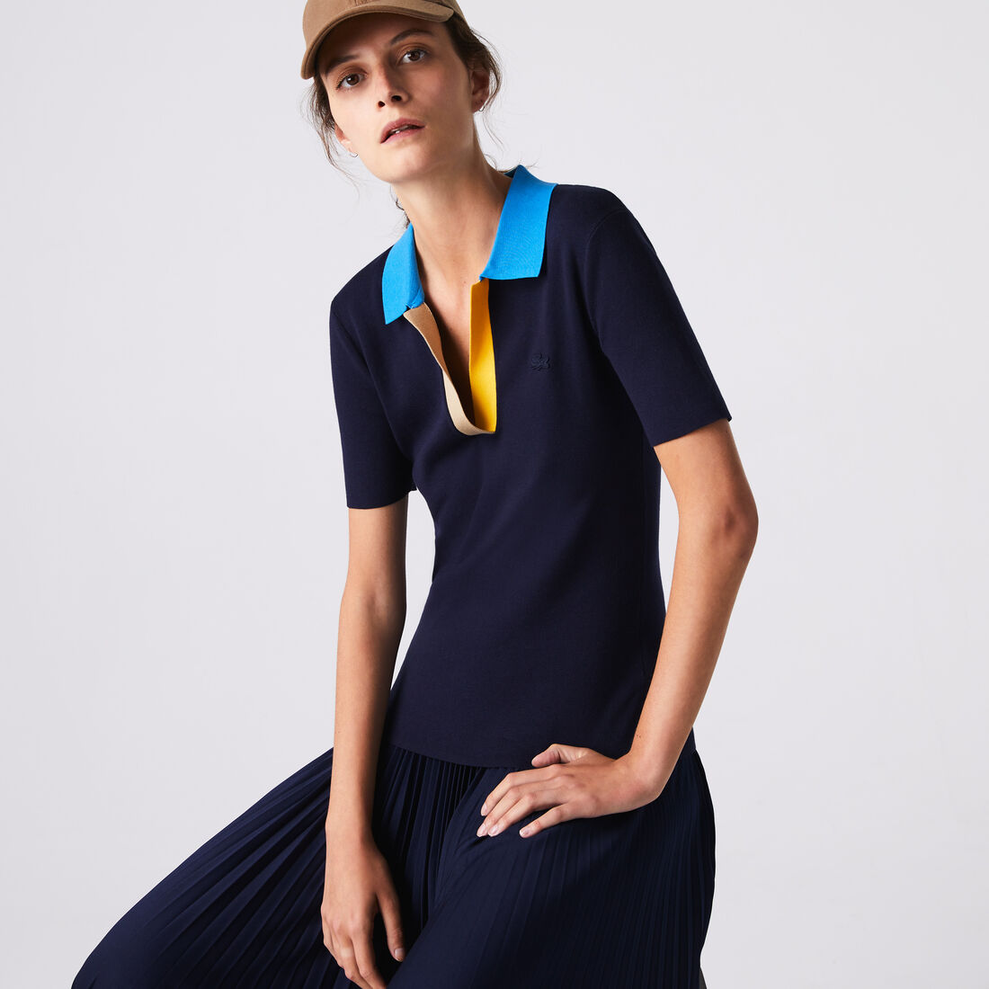 Women's Polo Collar Two-Tone Cotton Sweater