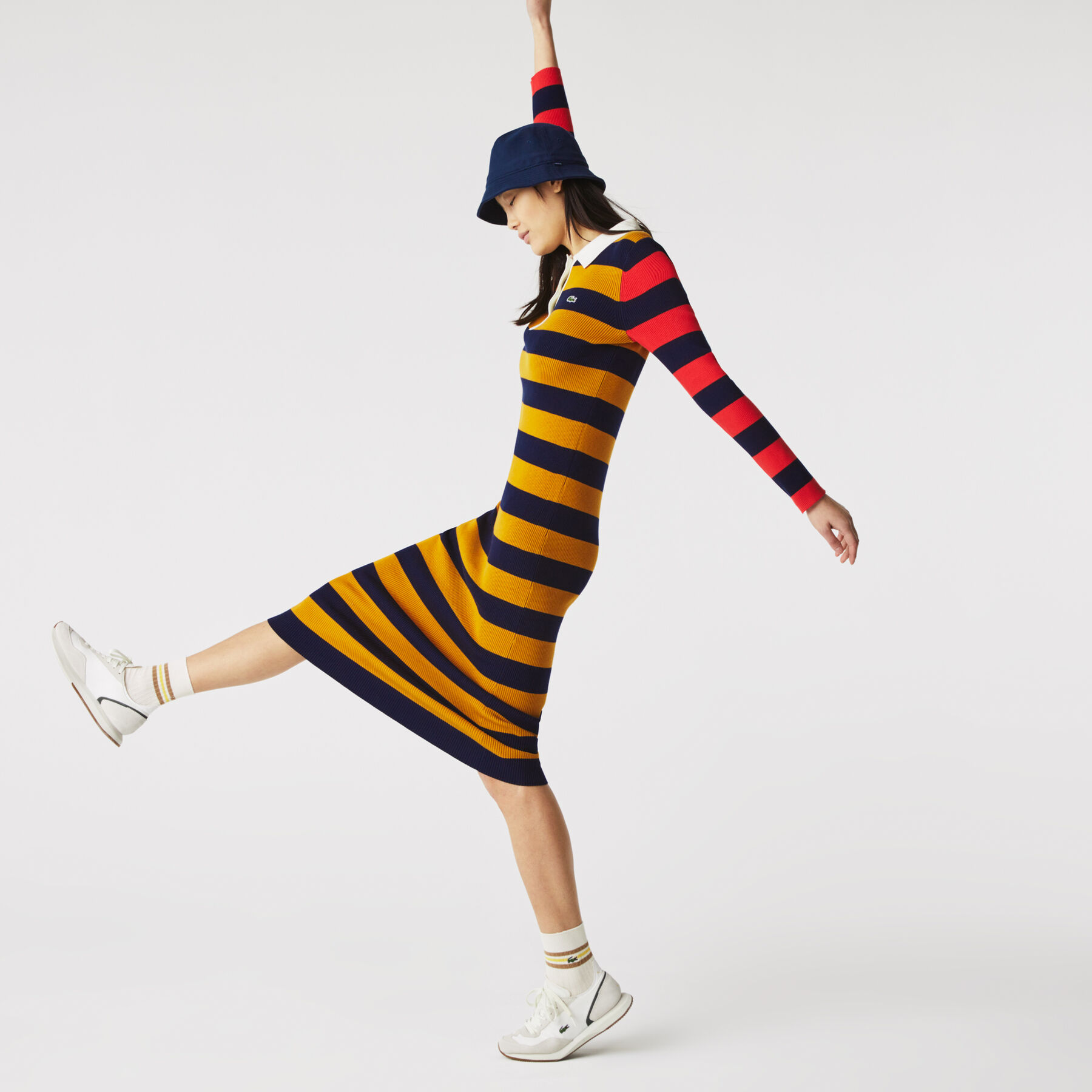 lacoste women s fitted striped ribbed mid length polo dress
