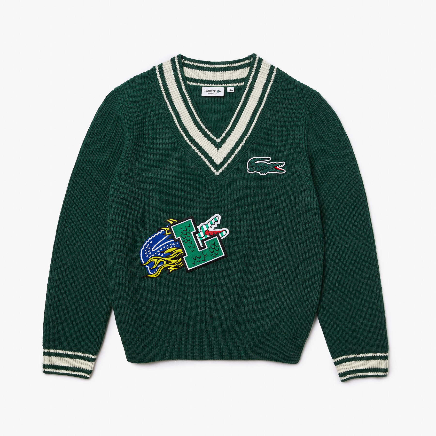 Men's Lacoste Holiday Comic Badge Striped V-Neck Sweater men s lacoste holiday comic badge striped v neck sweater