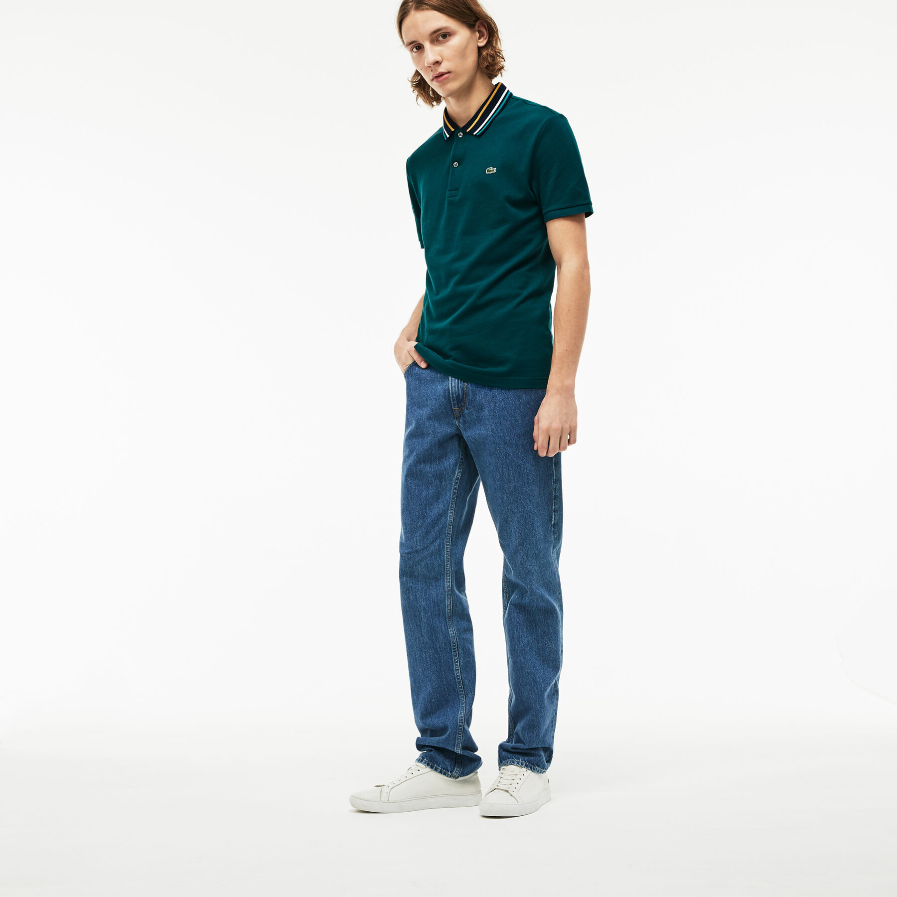 men s lacoste slim fit striped contrast collar petit piqu  polo shirt