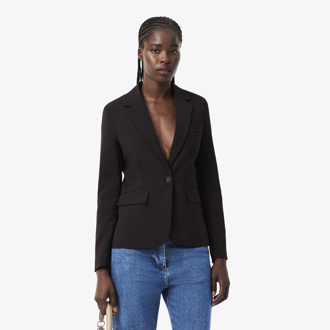 بليزر صوفي ضيق بشعار الماركة مطرز