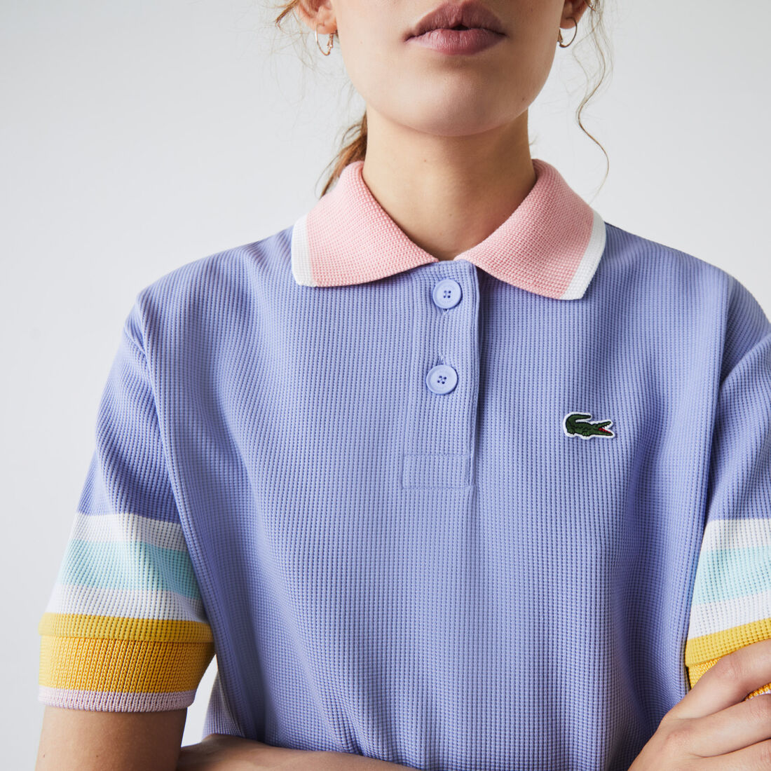 Women’s Lacoste Striped Sleeve Textured Cotton Polo Shirt Women’s Lacoste Striped Sleeve Textured Cotton Polo Shirt