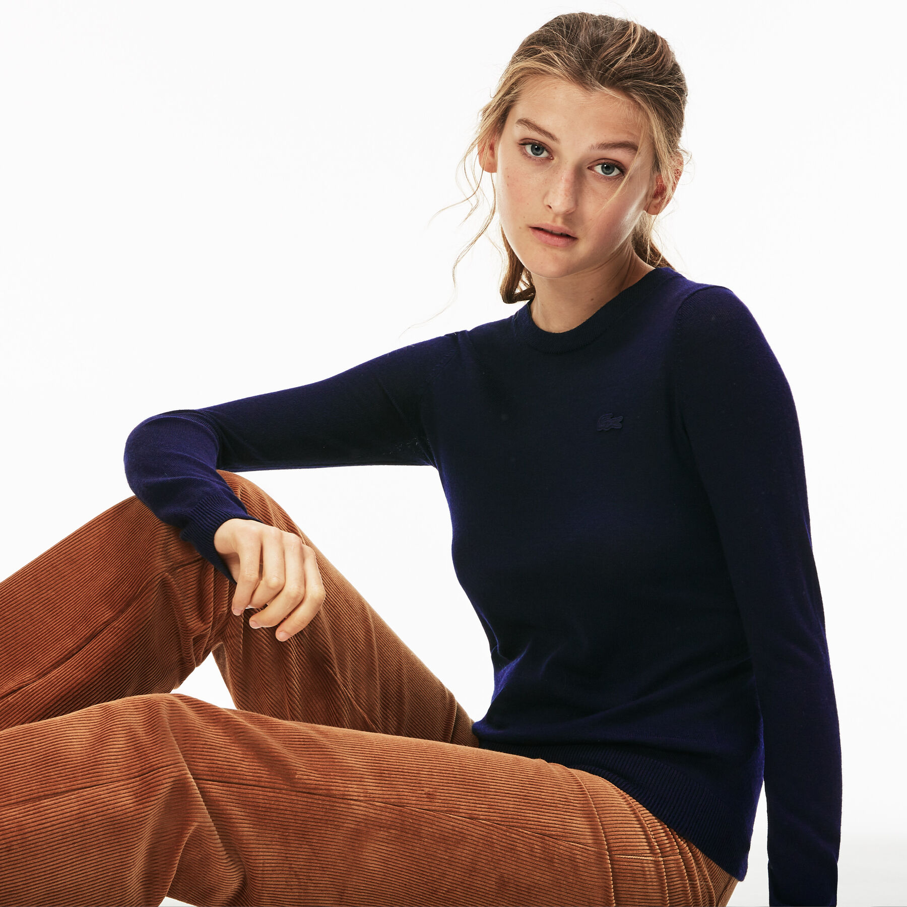 lacoste women s crew neck wool jersey sweater