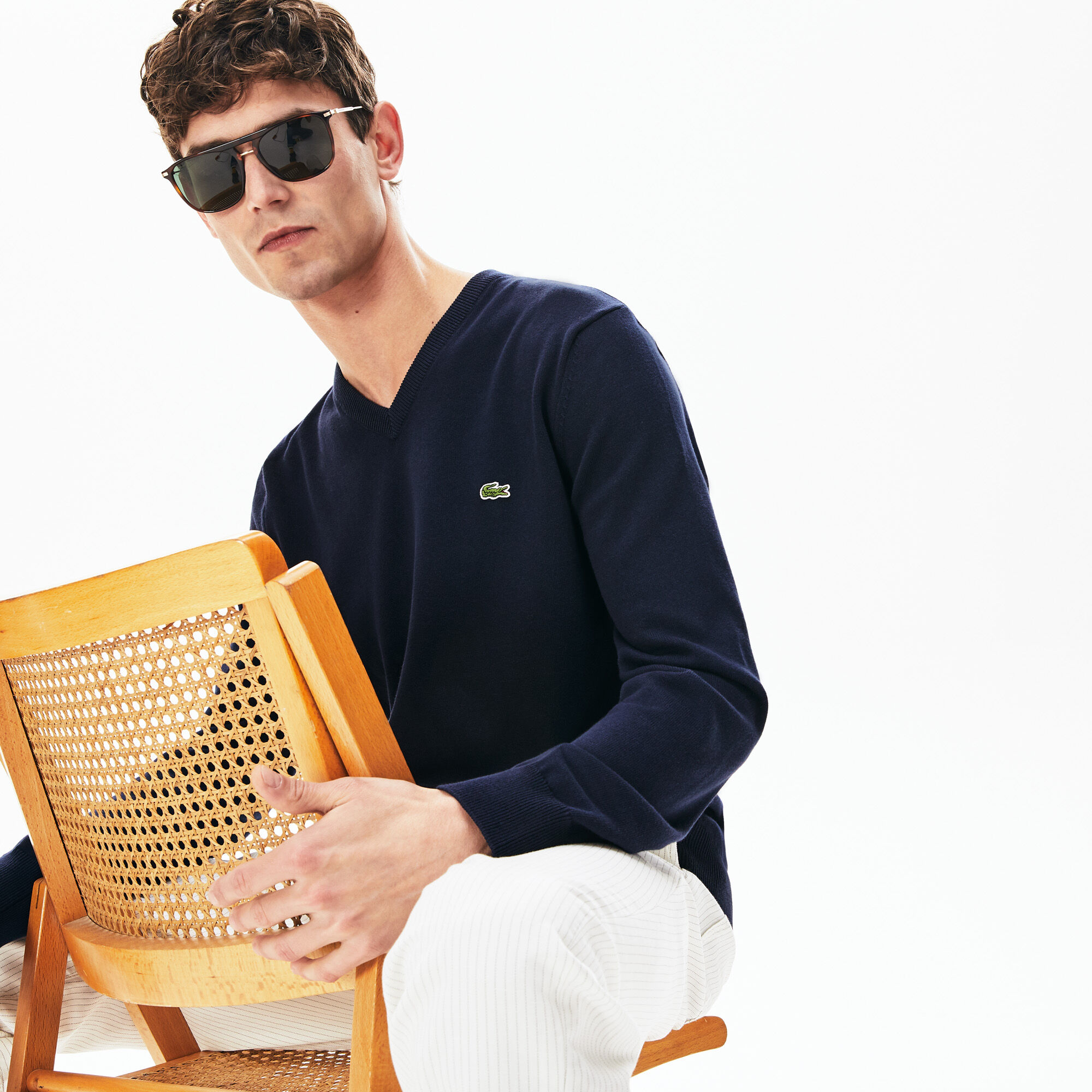 Buy Men s V neck Caviar Pique Accent Cotton Jersey Sweater Lacoste QA