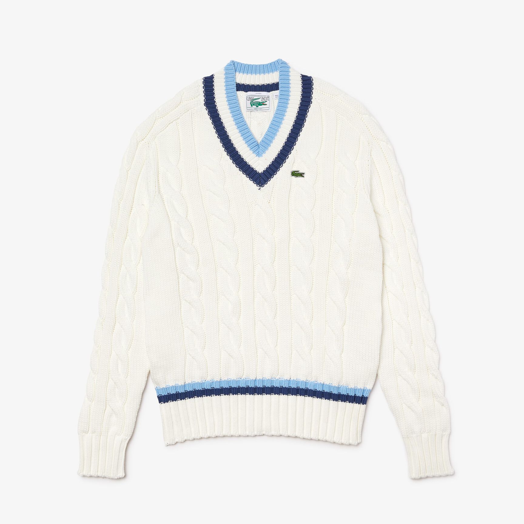 Unisex V-neck Striped Finishes Cable Knit Sweater