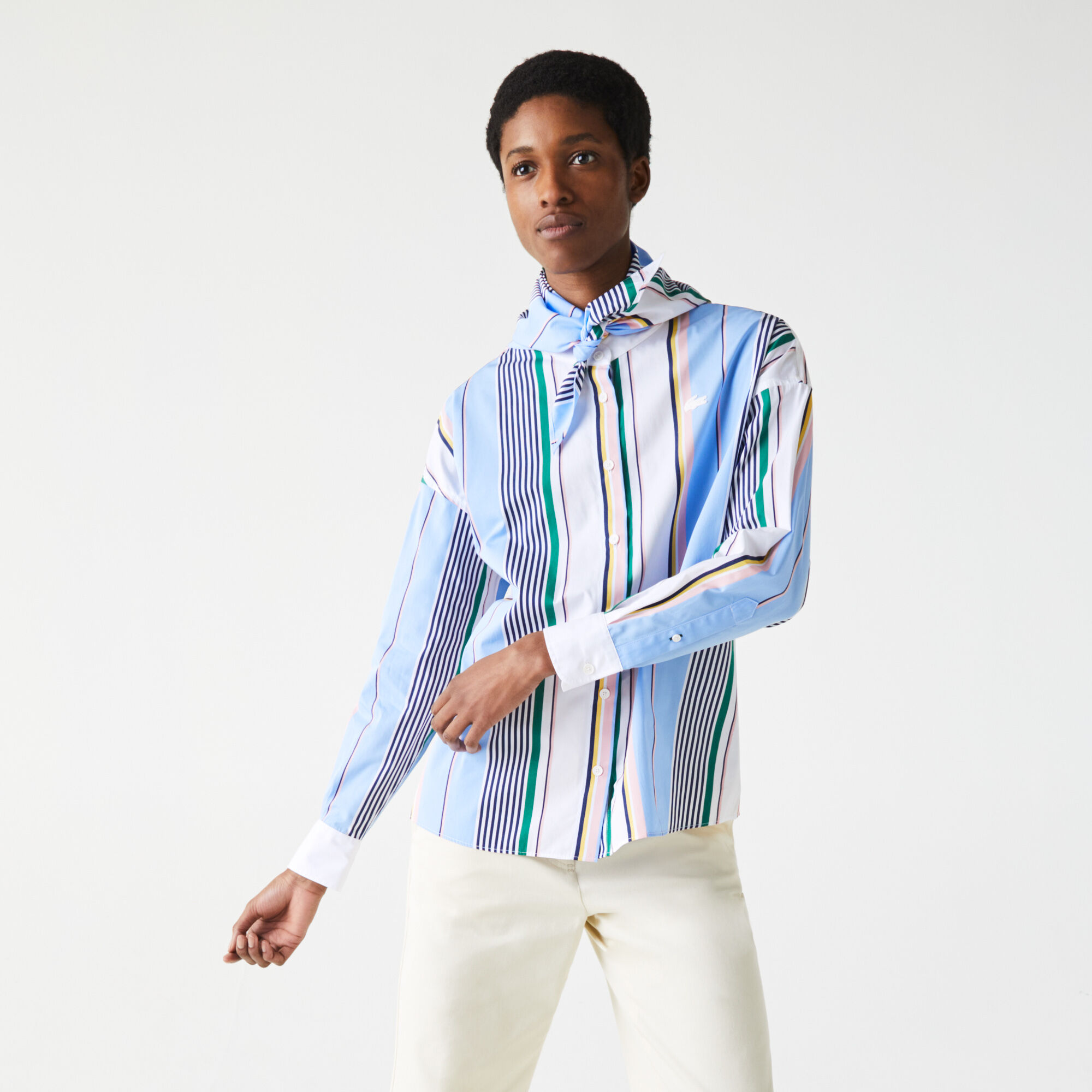 Women’s Lacoste LIVE Classic Fit Scarf Neck Striped Cotton Shirt Women’s Lacoste LIVE Classic Fit Scarf Neck Striped Cotton Shirt