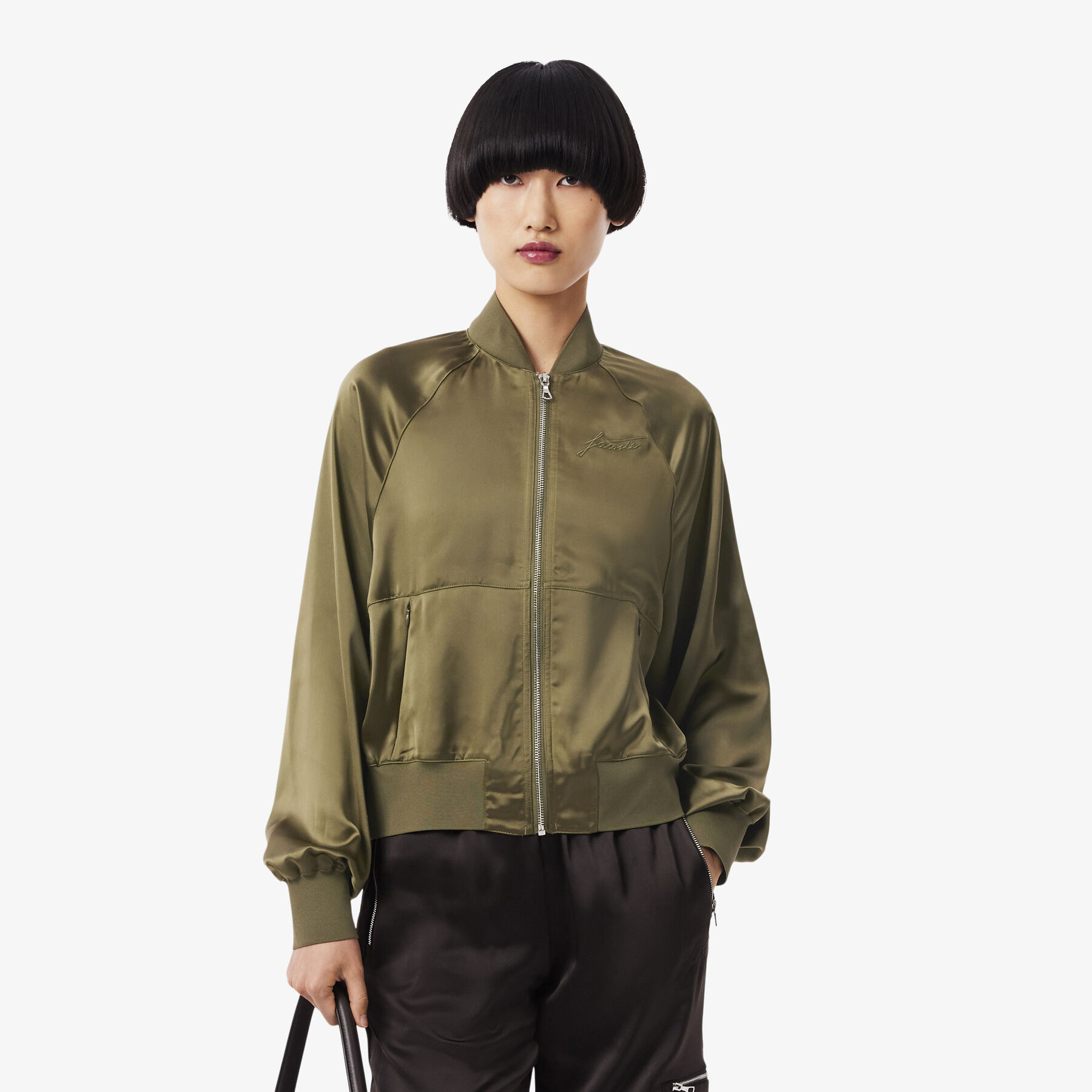 Oversized Embroidered Signature Satin Bomber Jacket lacoste oversized embroidered signature satin bomber jacket
