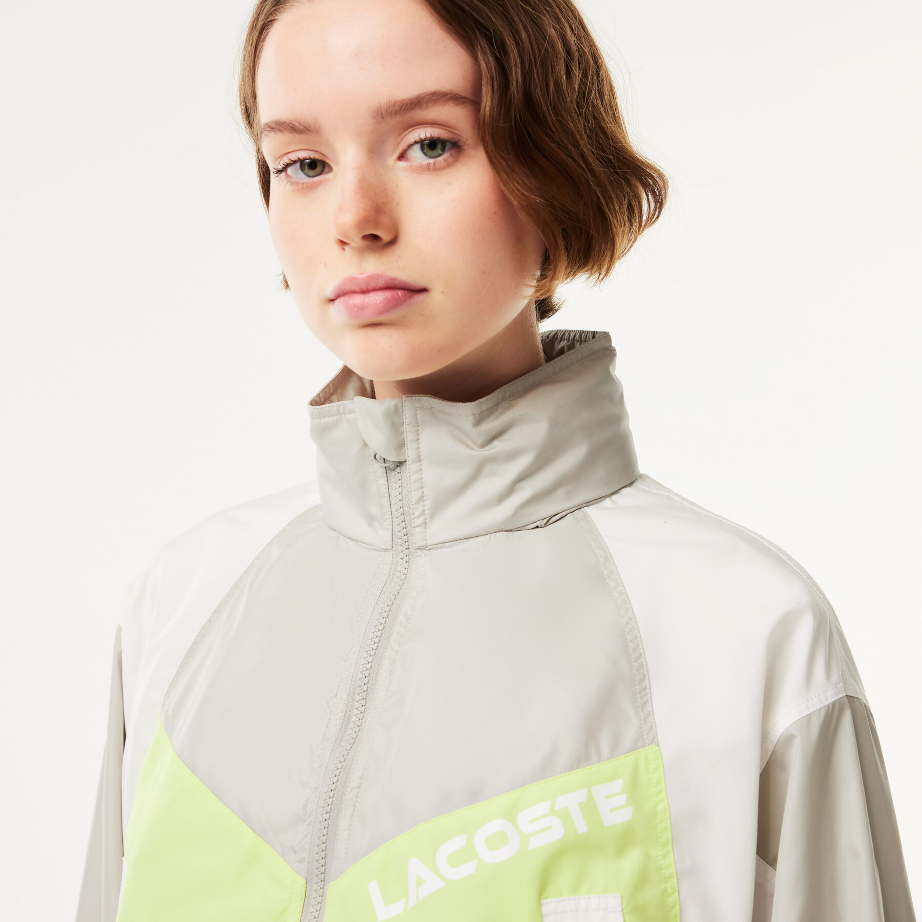 lacoste oversized hooded colourblock jacket with adjustable waist