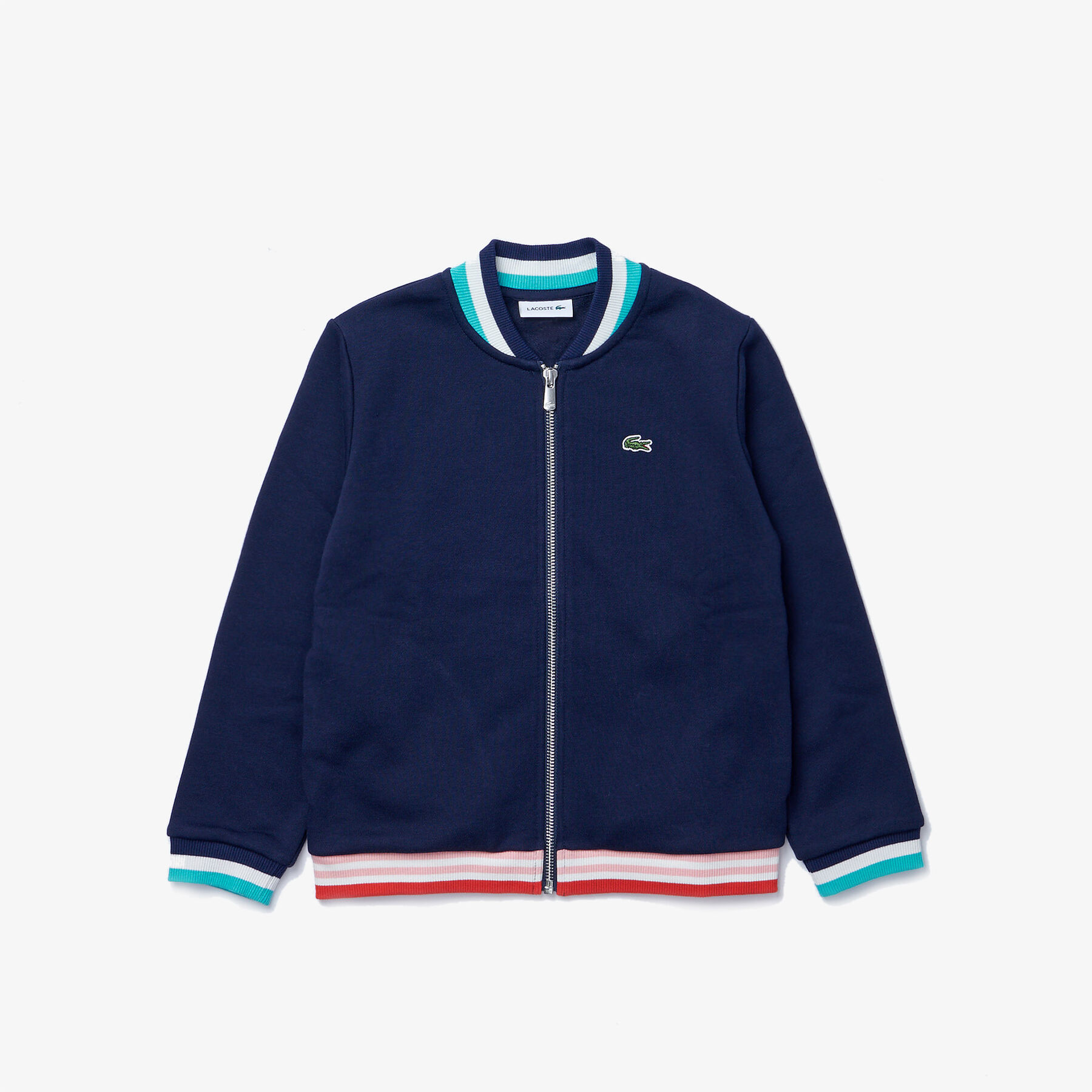 lacoste girls  striped accents zip fleece teddy jacket