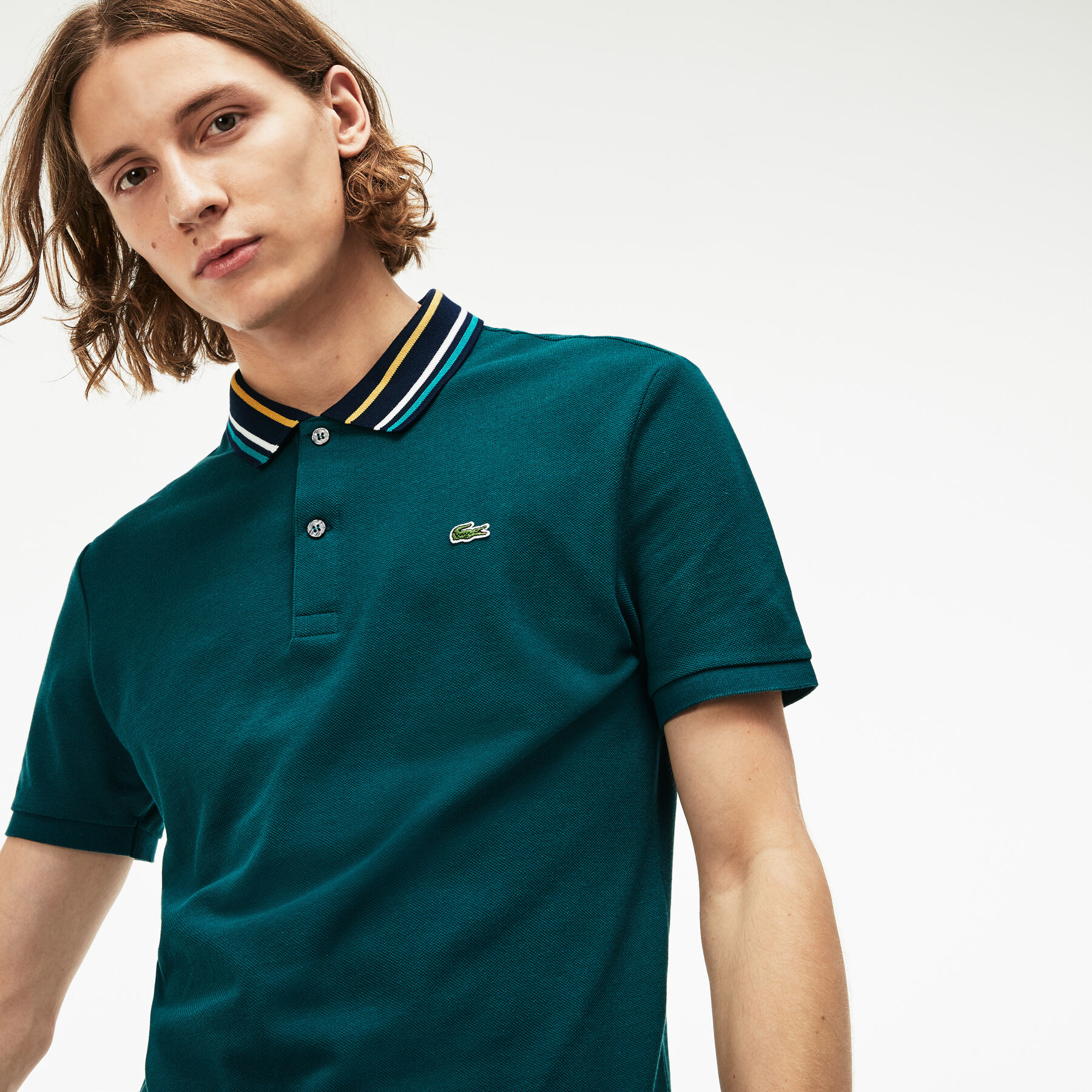 men s lacoste slim fit striped contrast collar petit piqu  polo shirt
