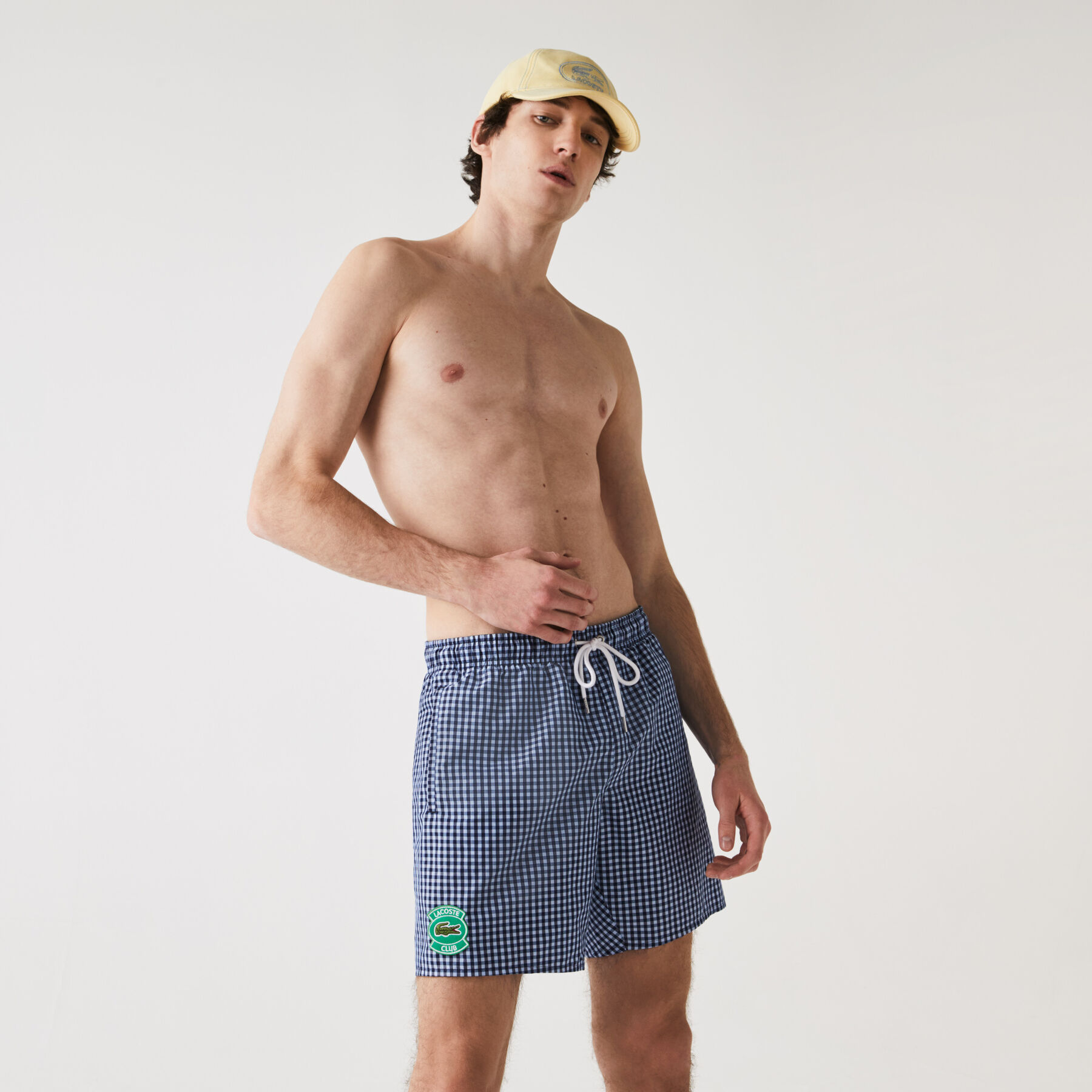 lacoste men s mid length gingham check cotton blend swimming trunks