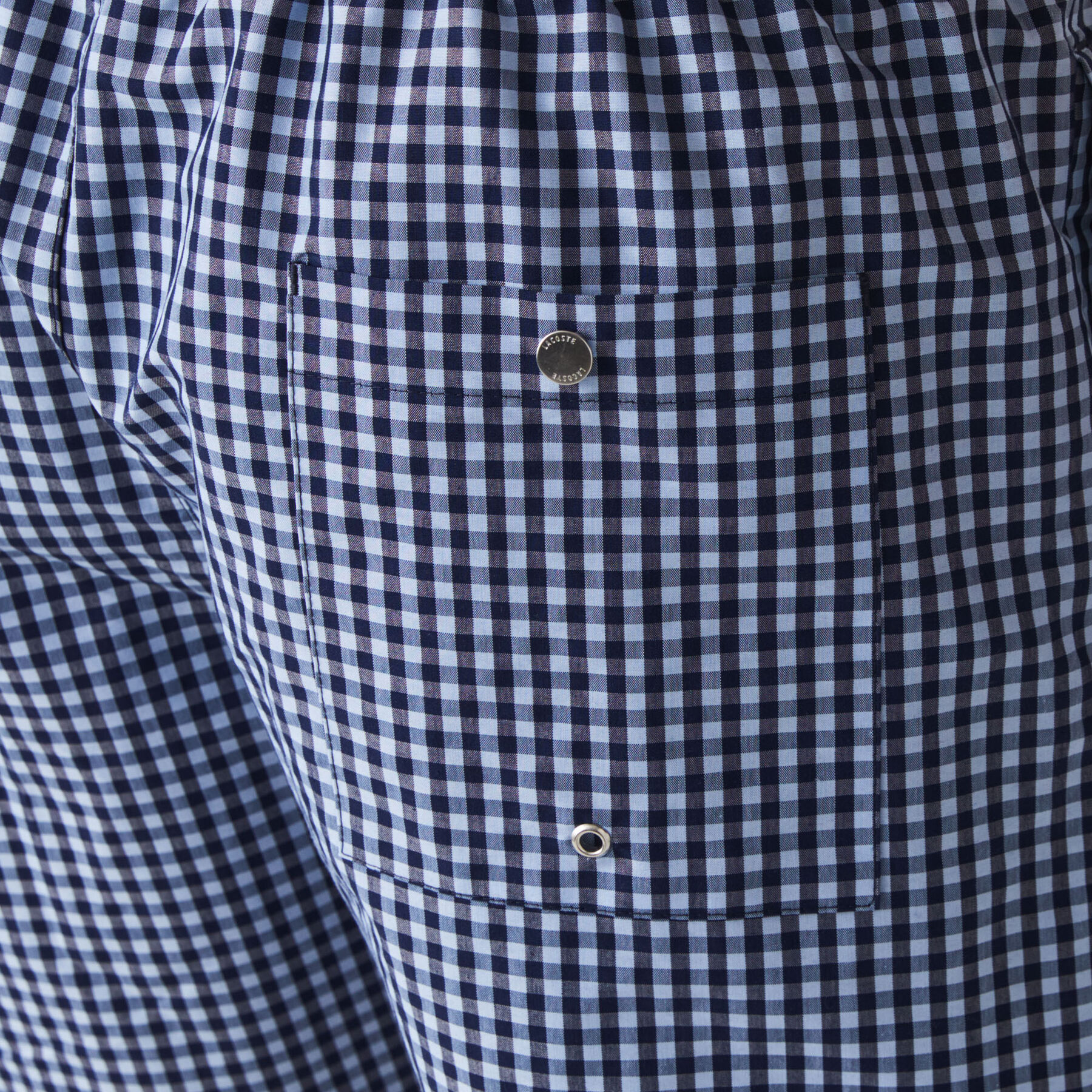 lacoste men s mid length gingham check cotton blend swimming trunks