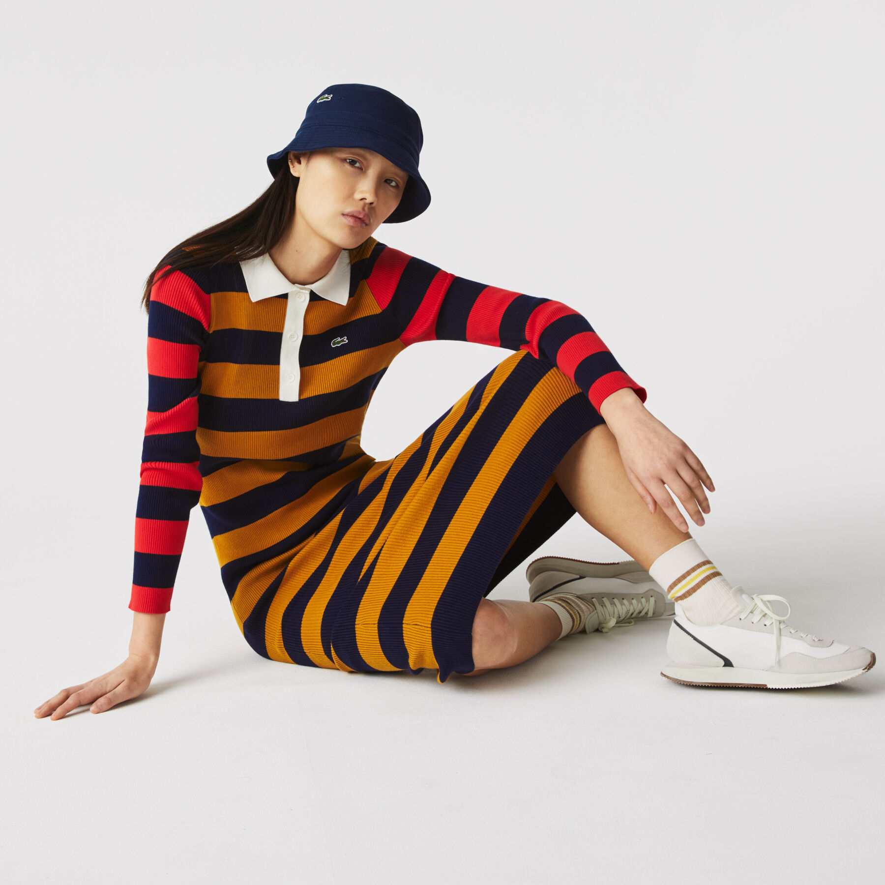 lacoste women s fitted striped ribbed mid length polo dress
