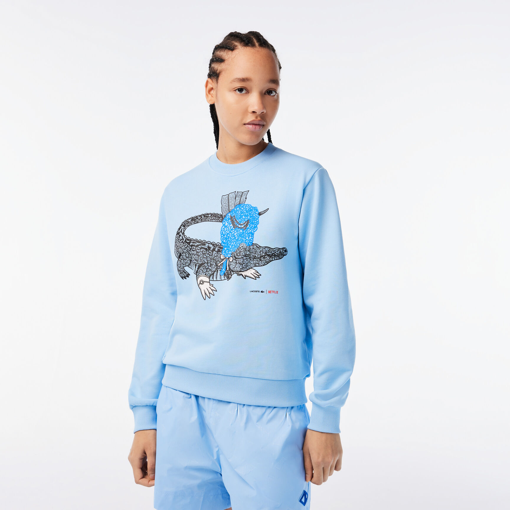 سويت شيرت صوف قطن عضوي بقصة فضفاضة للنساء مجموعة Lacoste x Netflix