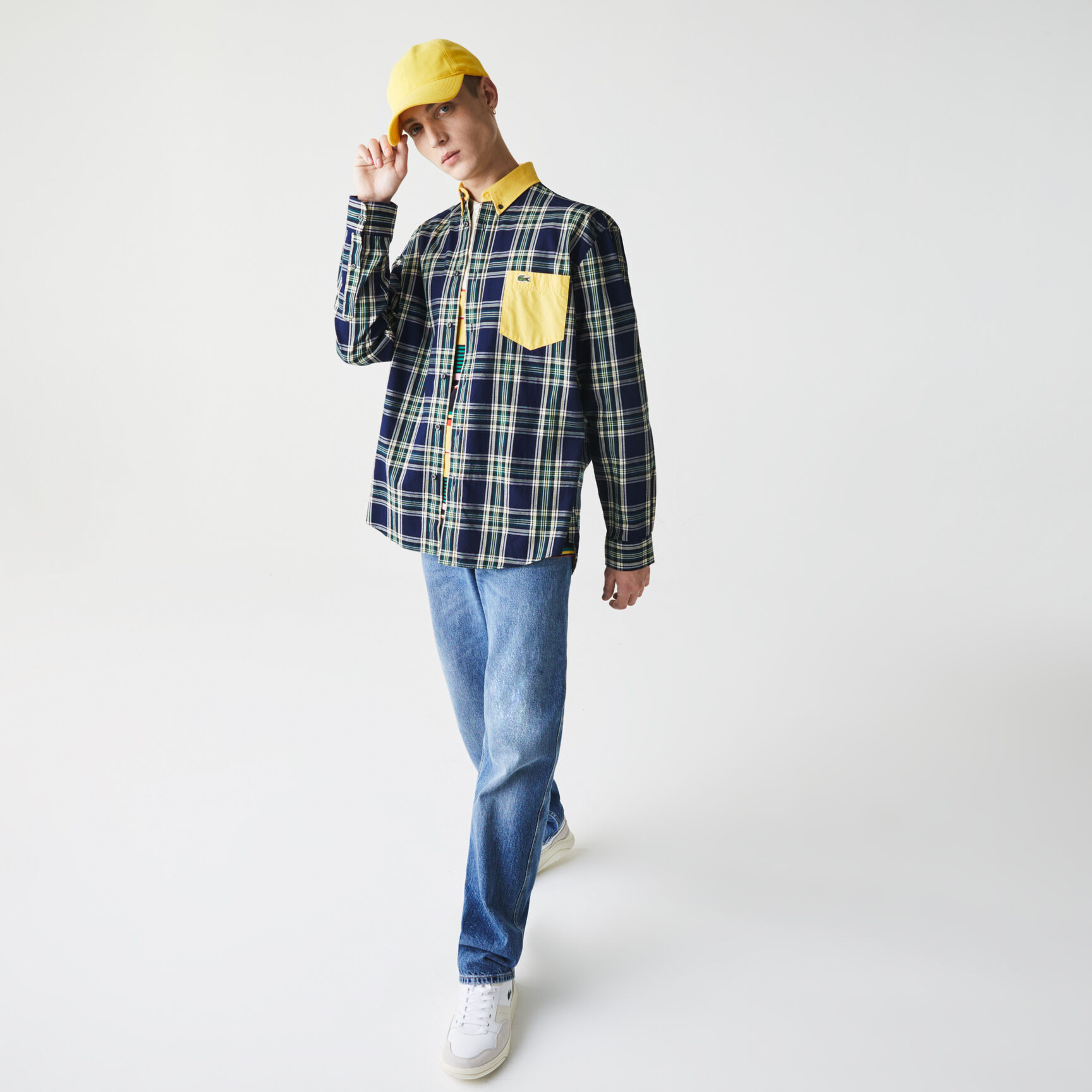 تي شيرت قطن كاروهات للجنسين قصة مربعة مجموعة Lacoste LIVE