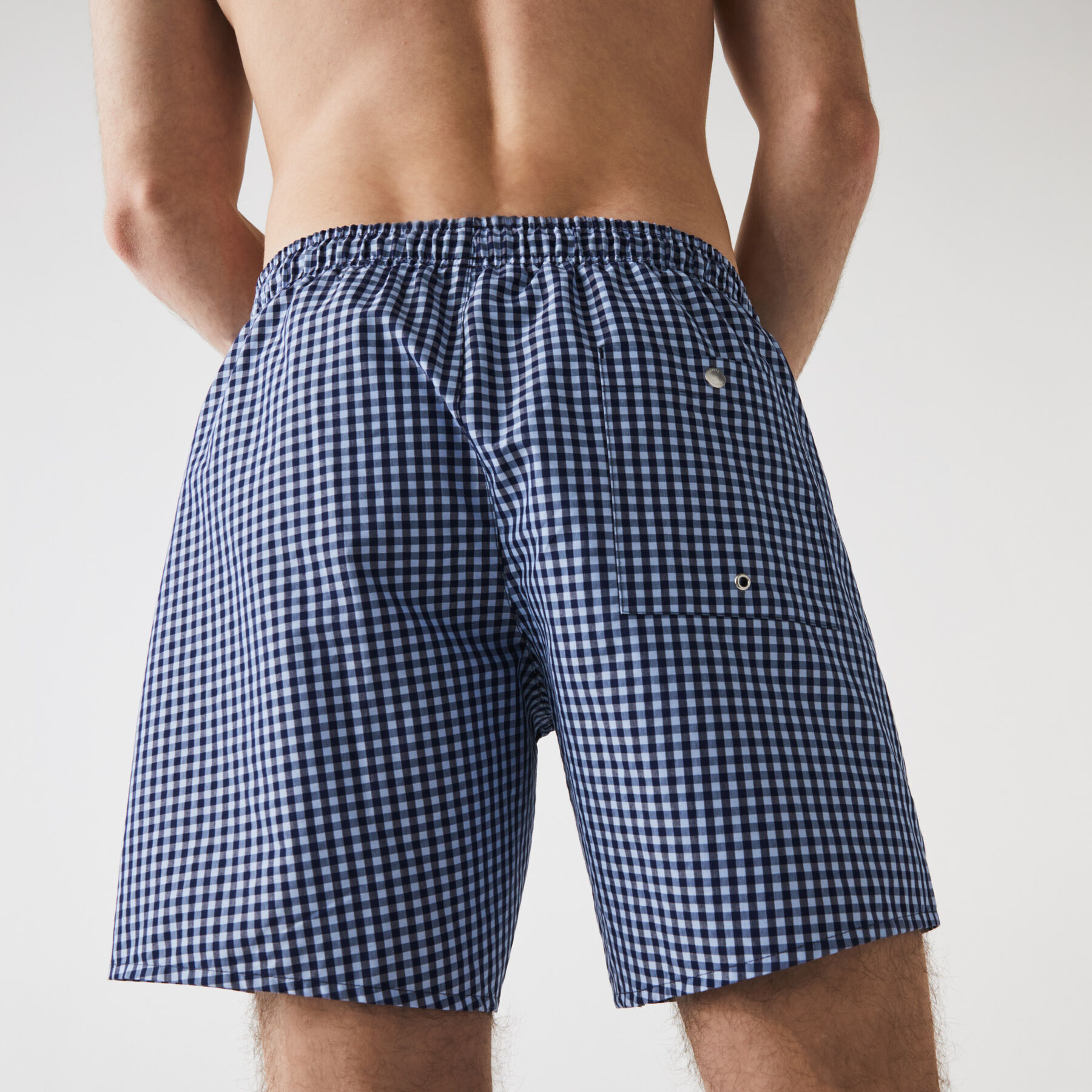 lacoste men s mid length gingham check cotton blend swimming trunks