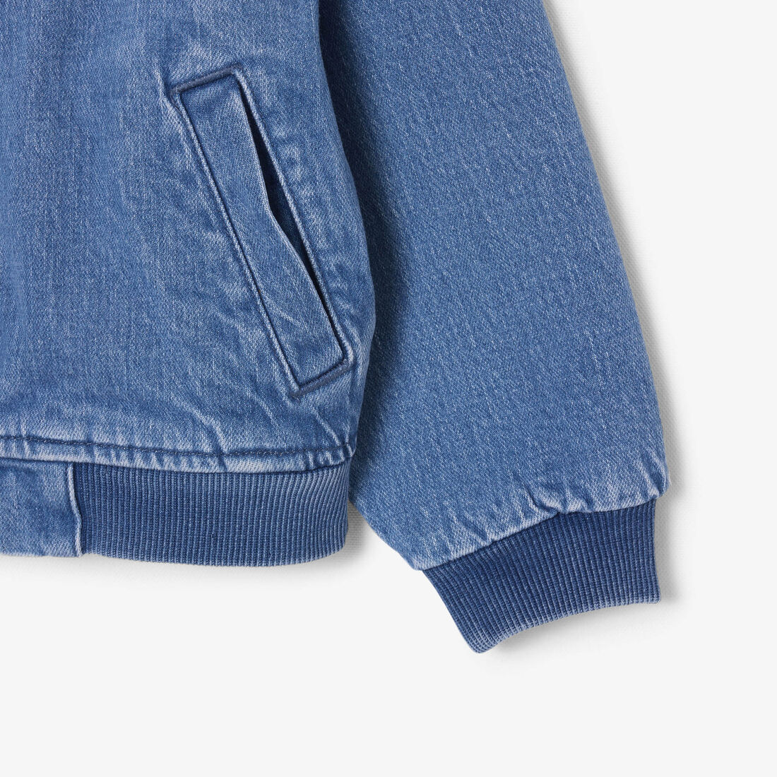 lacoste padded badge accent denim bomber jacket