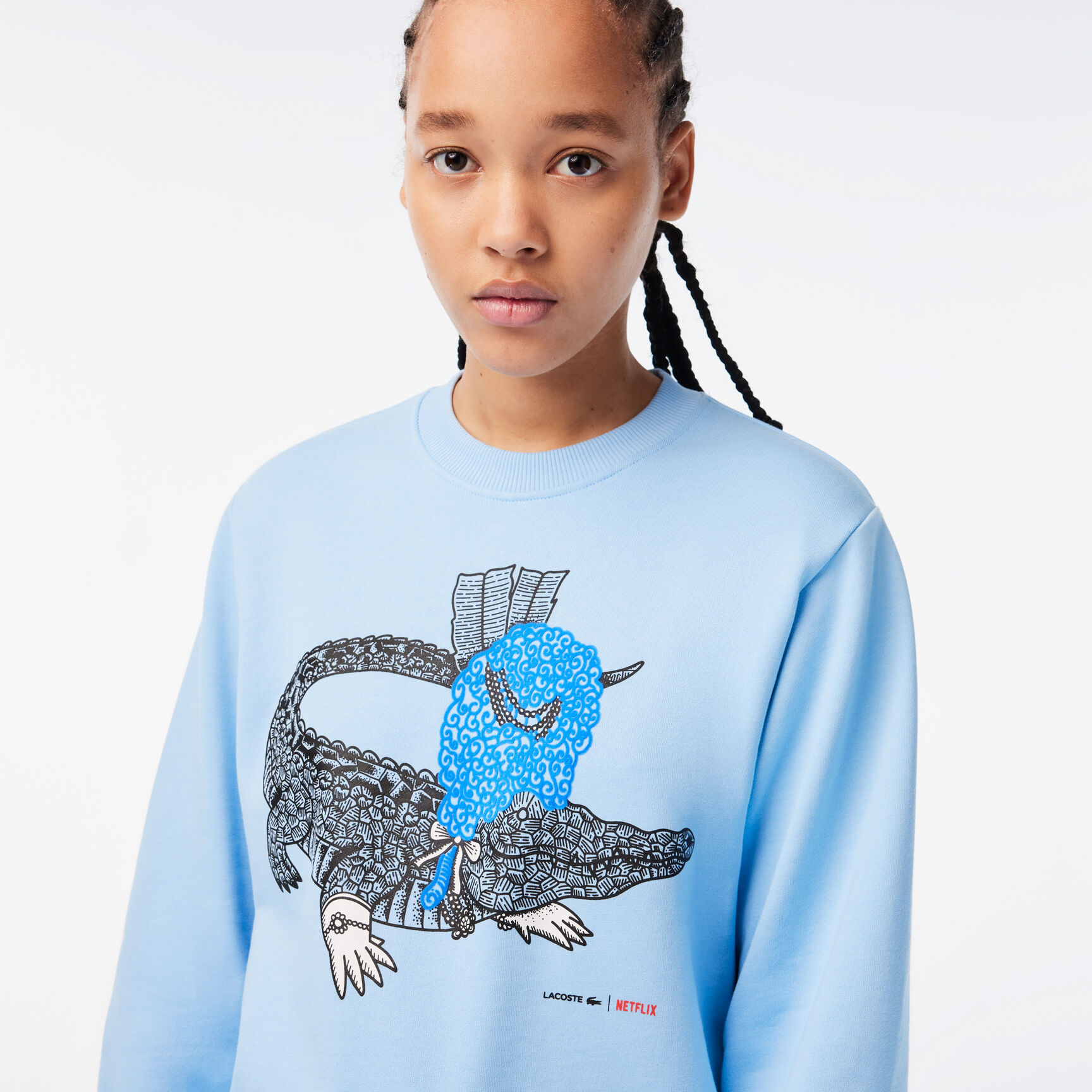 سويت شيرت صوف قطن عضوي بقصة فضفاضة للنساء مجموعة Lacoste x Netflix