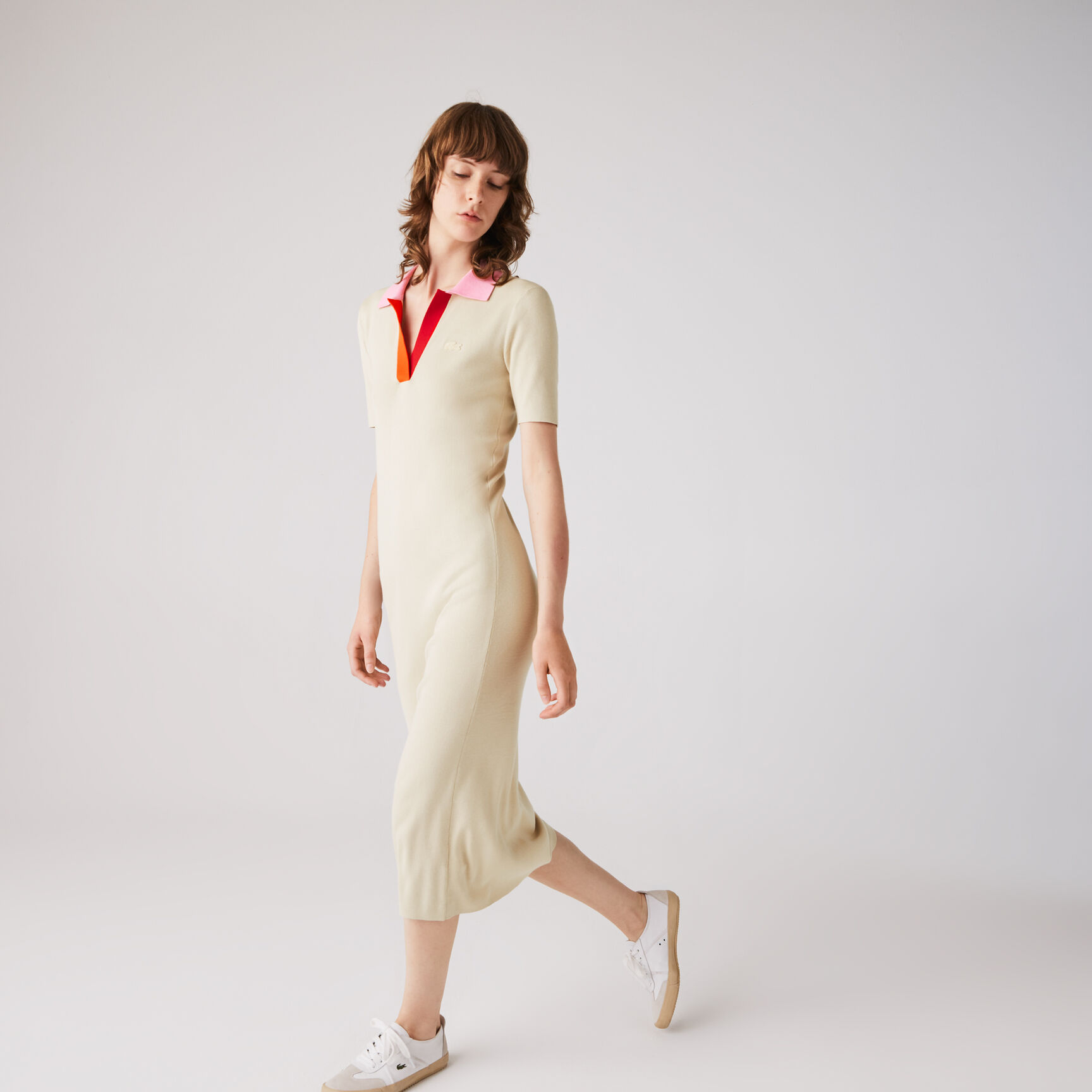 فستان طويل بشكل قميص من القطن المحبوك ثنائي اللون بياقة بولو للنساء فستان طويل بشكل قميص من القطن المحبوك ثنائي اللون بياقة بولو للنساء