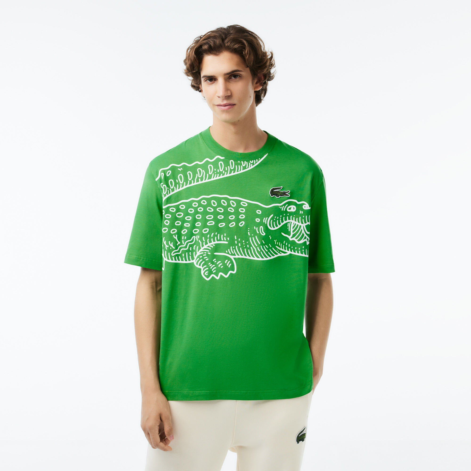 Men's Lacoste Round Neck Loose Fit Crocodile Print T-shirt, Green