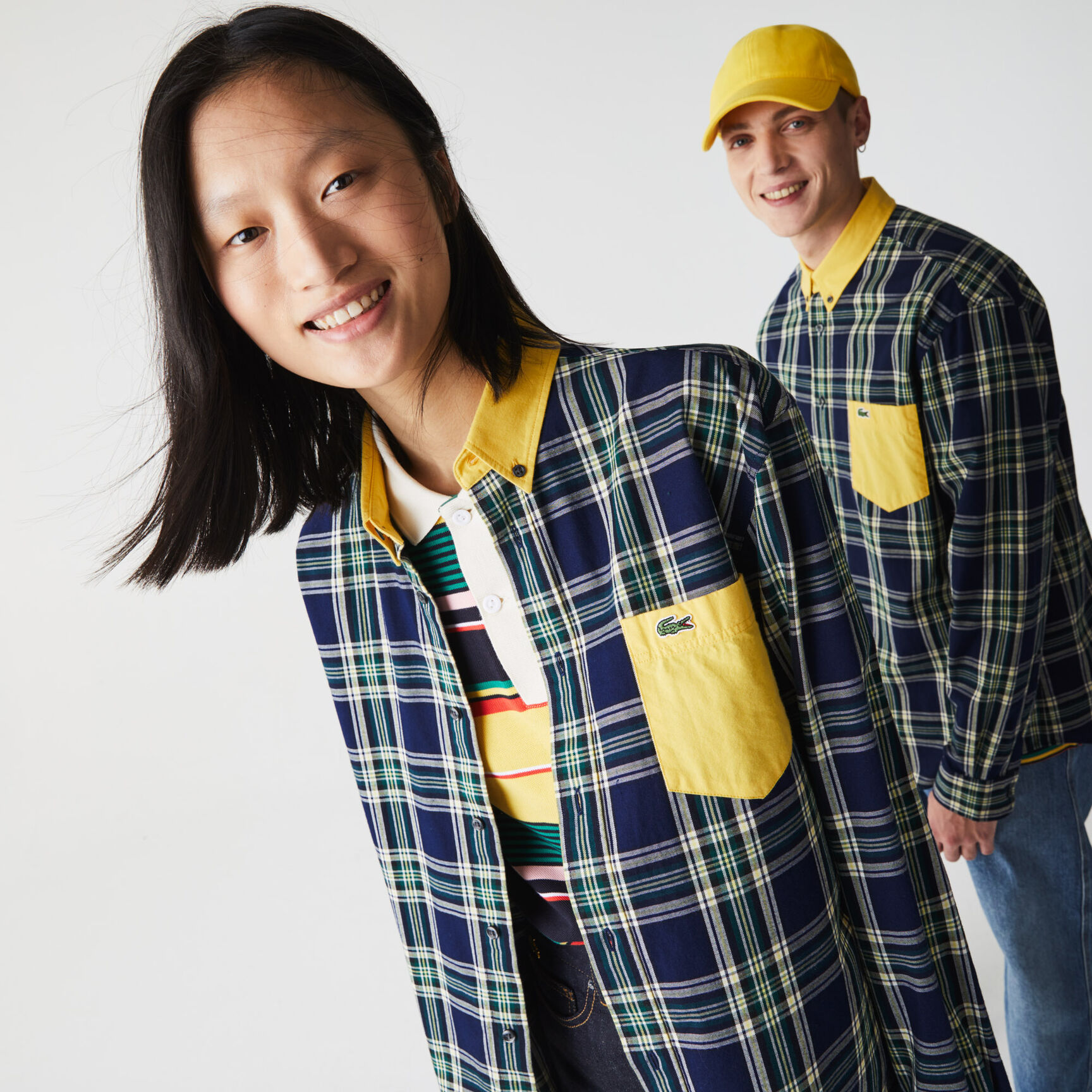 تي شيرت قطن كاروهات للجنسين قصة مربعة مجموعة Lacoste LIVE