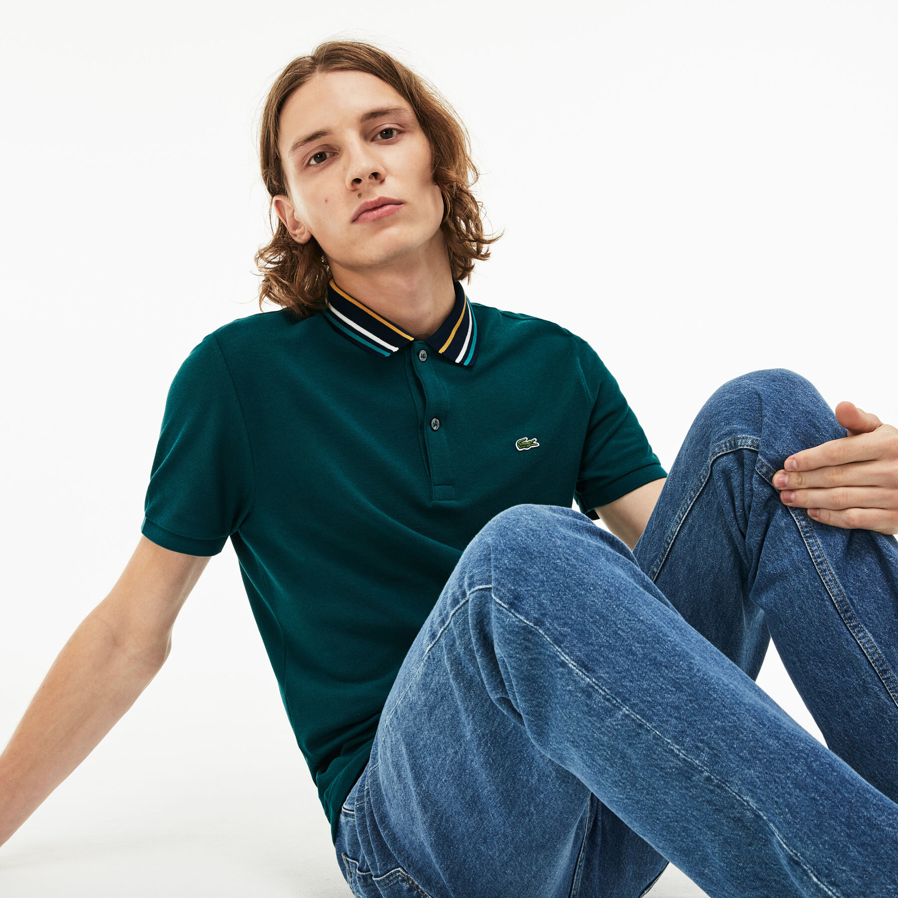 men s lacoste slim fit striped contrast collar petit piqu  polo shirt