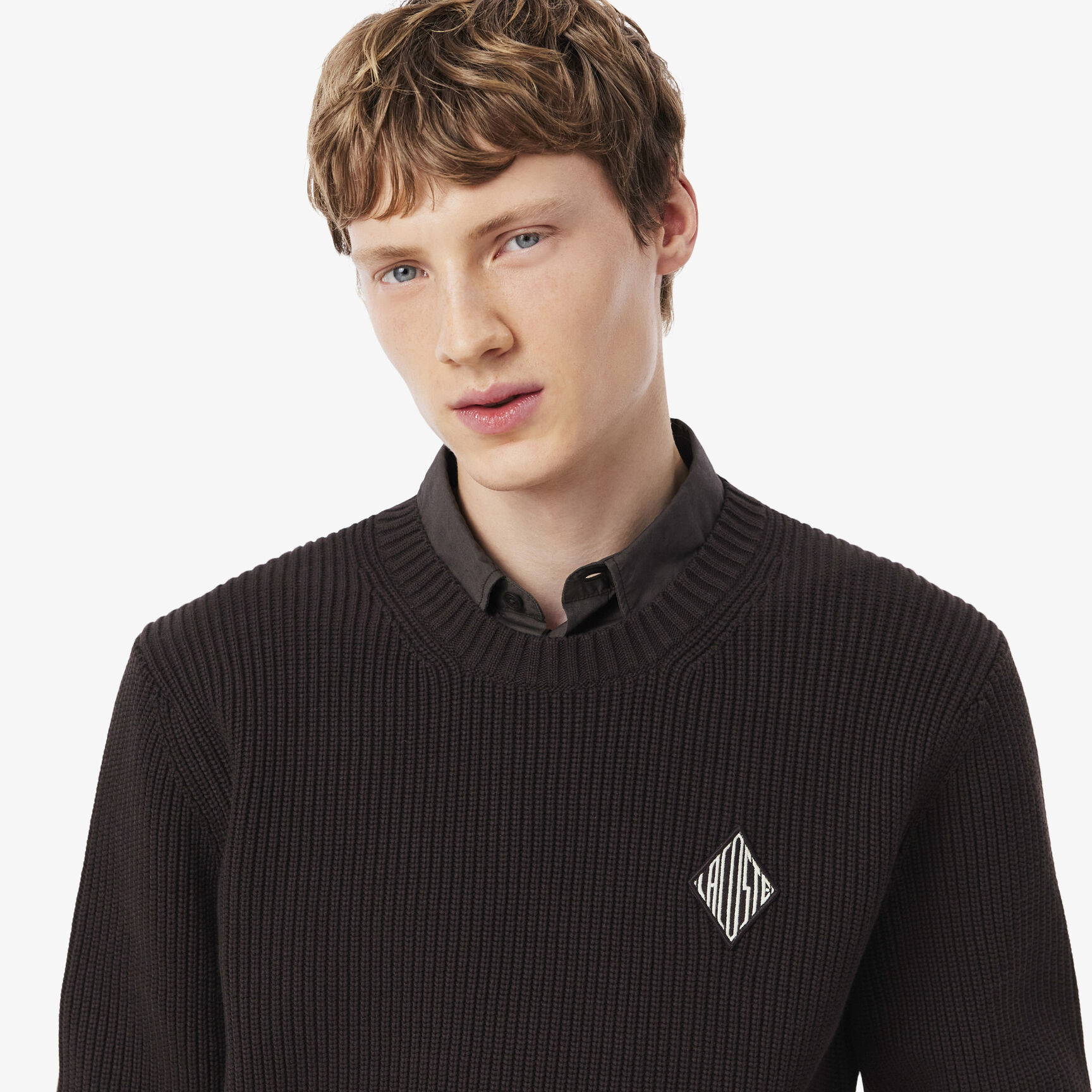 Pearl Rib Knit Badge Accent Sweater