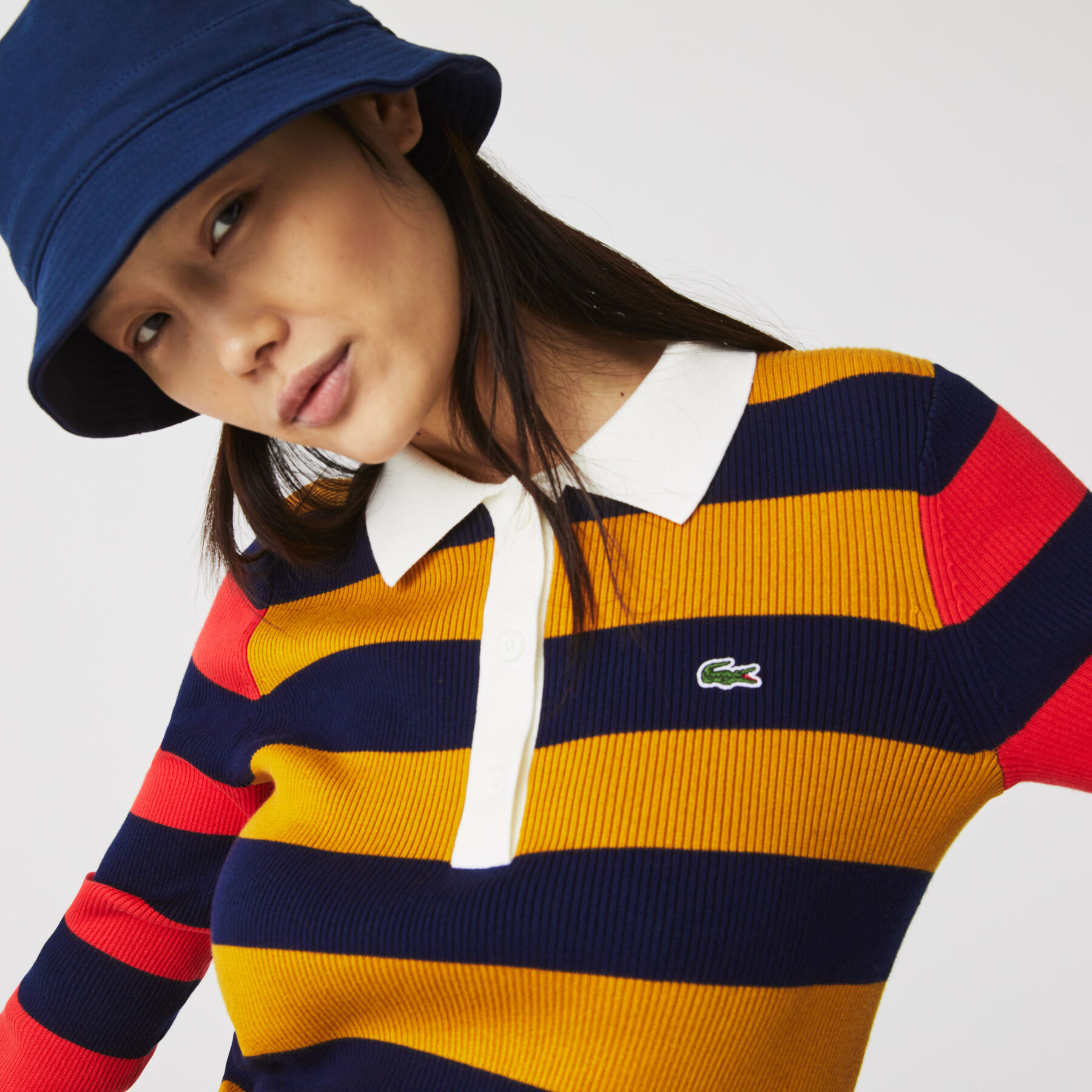lacoste women s fitted striped ribbed mid length polo dress