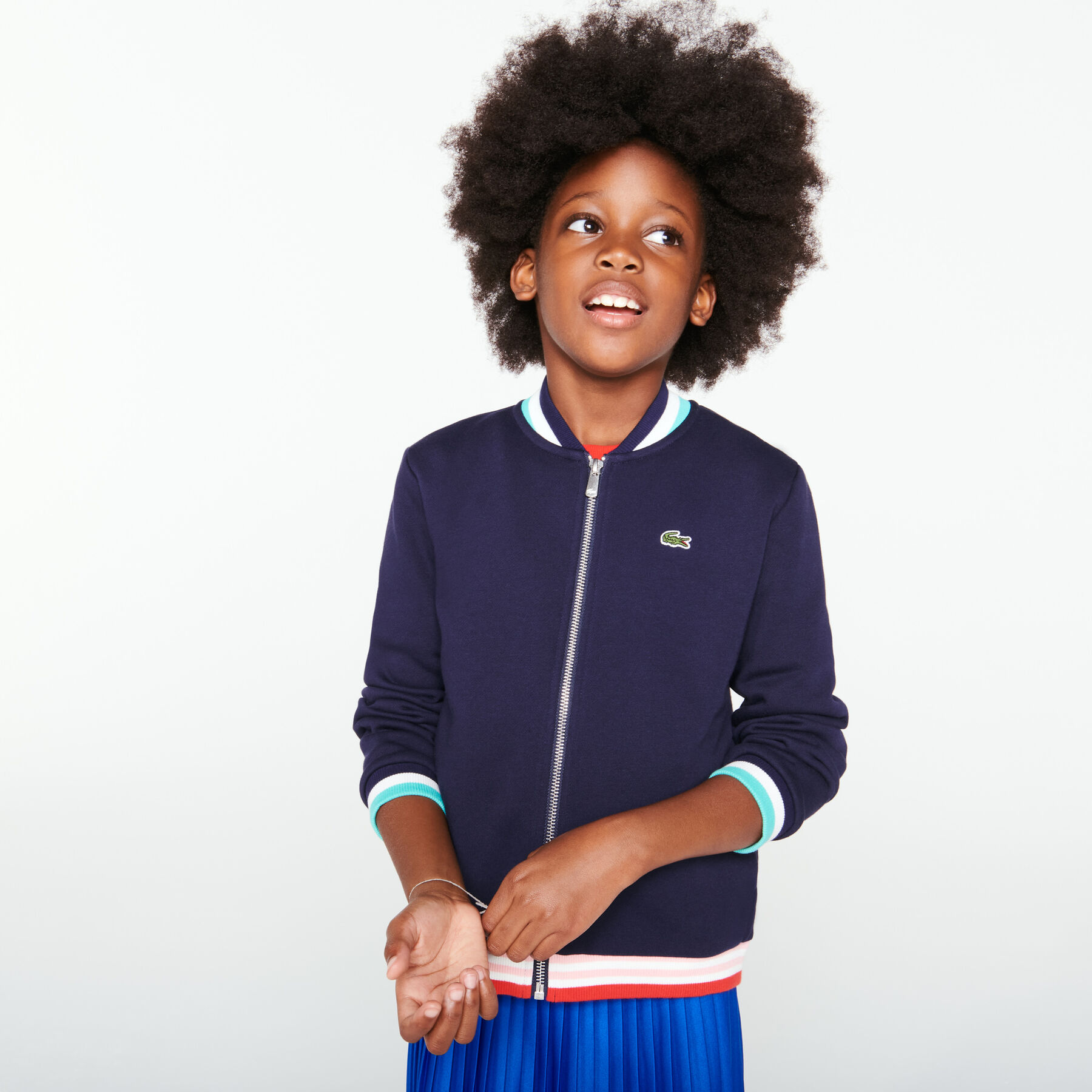 lacoste girls  striped accents zip fleece teddy jacket