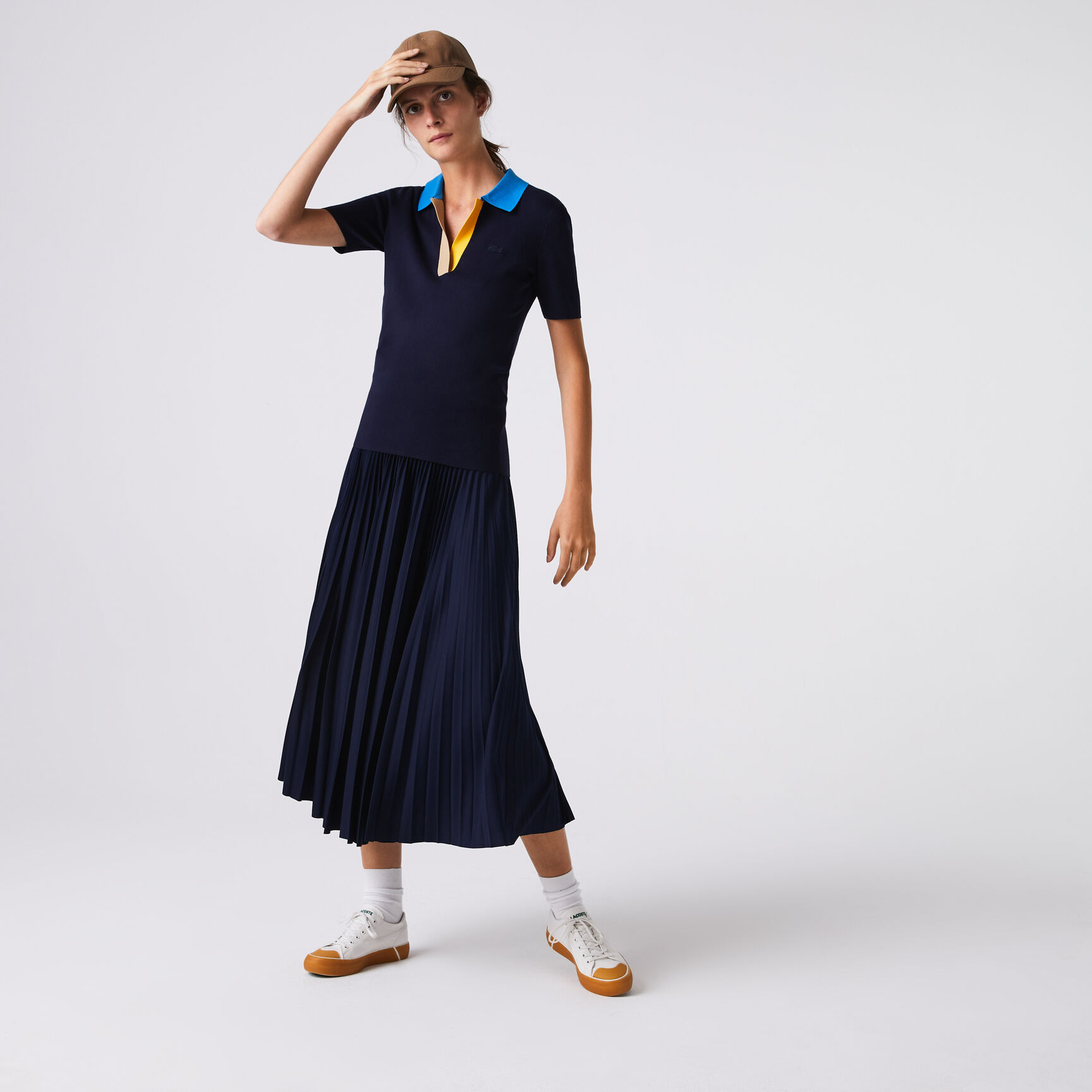 Women's Polo Collar Two-Tone Cotton Sweater