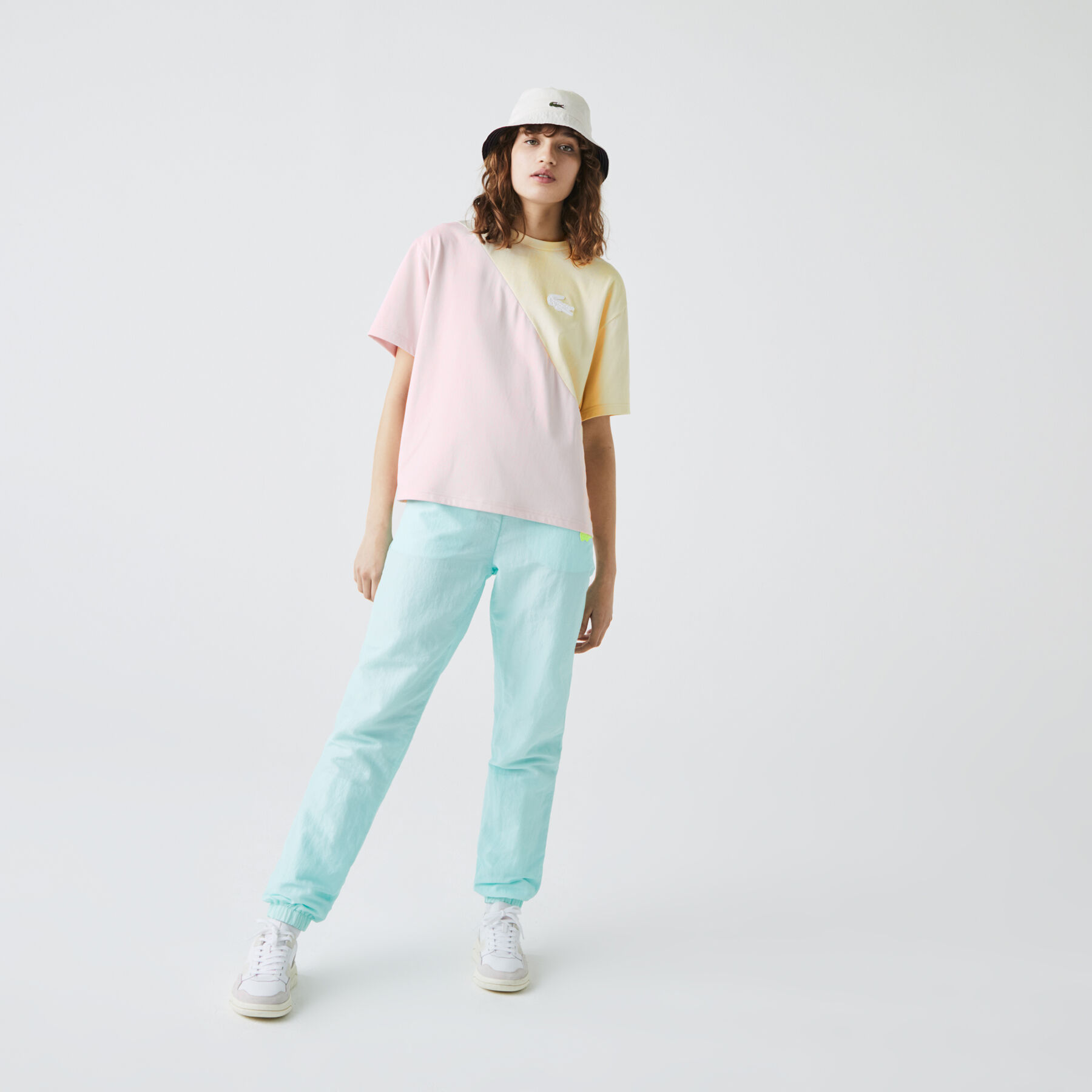 لاكوست تي شيرت قطن للنساء ثنائي اللون قصة فضفاضة مجموعة lacoste live